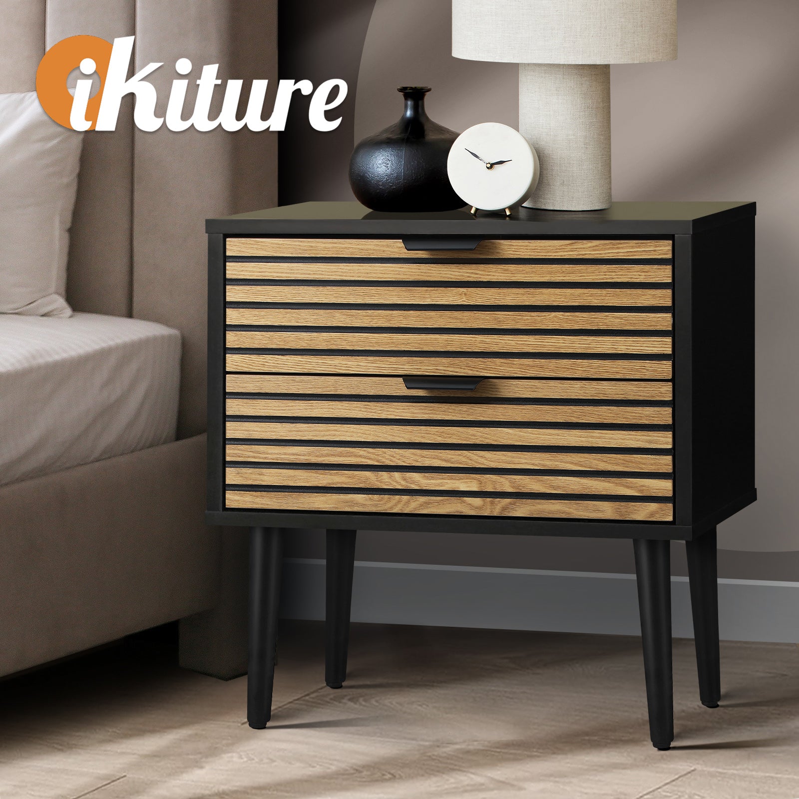 Oikiture Bedside Table 2 Drawers Side Table Bedroom Furniture Storage Unit Black - Sunyee