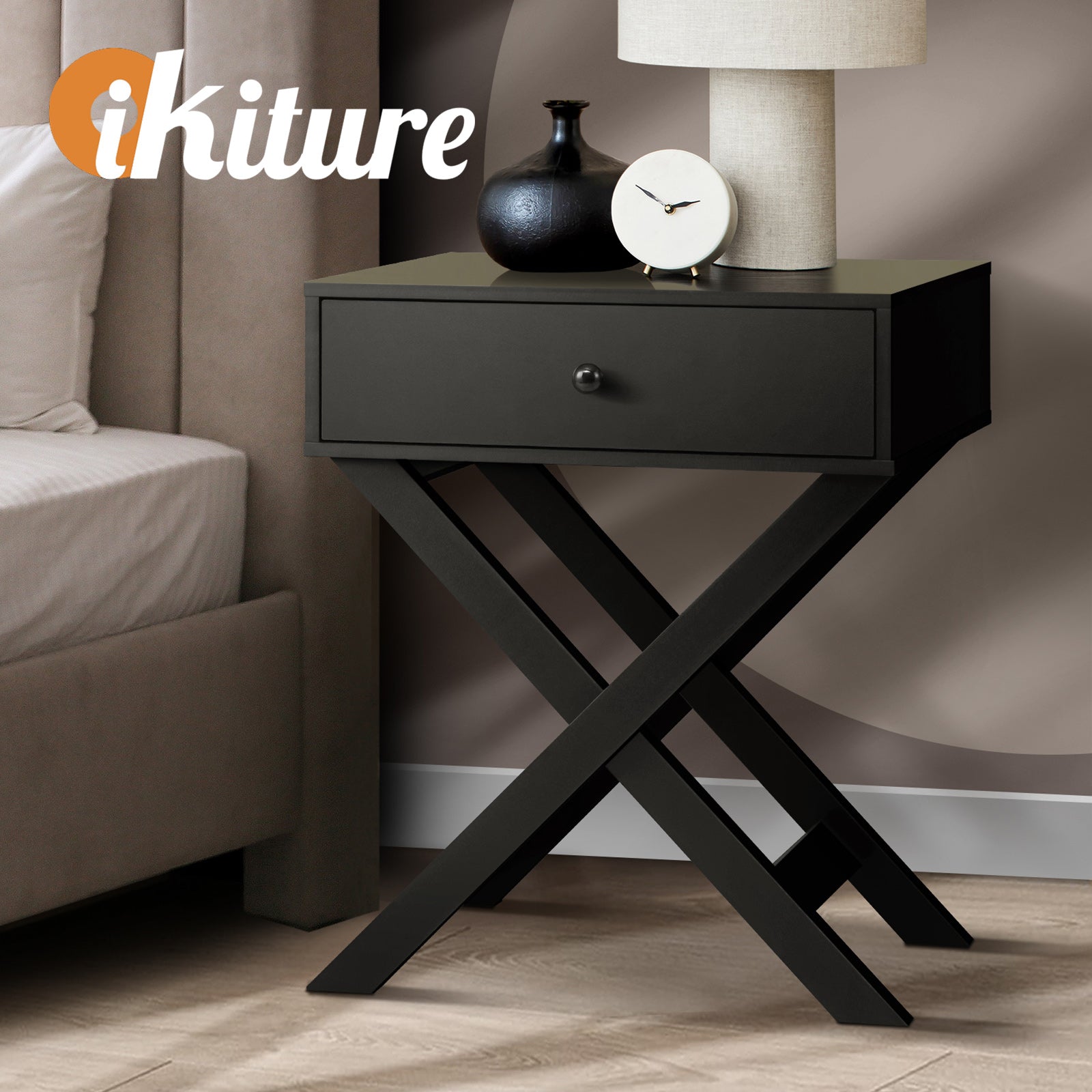 Oikiture Bedside Table Drawer Side Table Black Bedroom Storage Cabinet Furniture - Sunyee