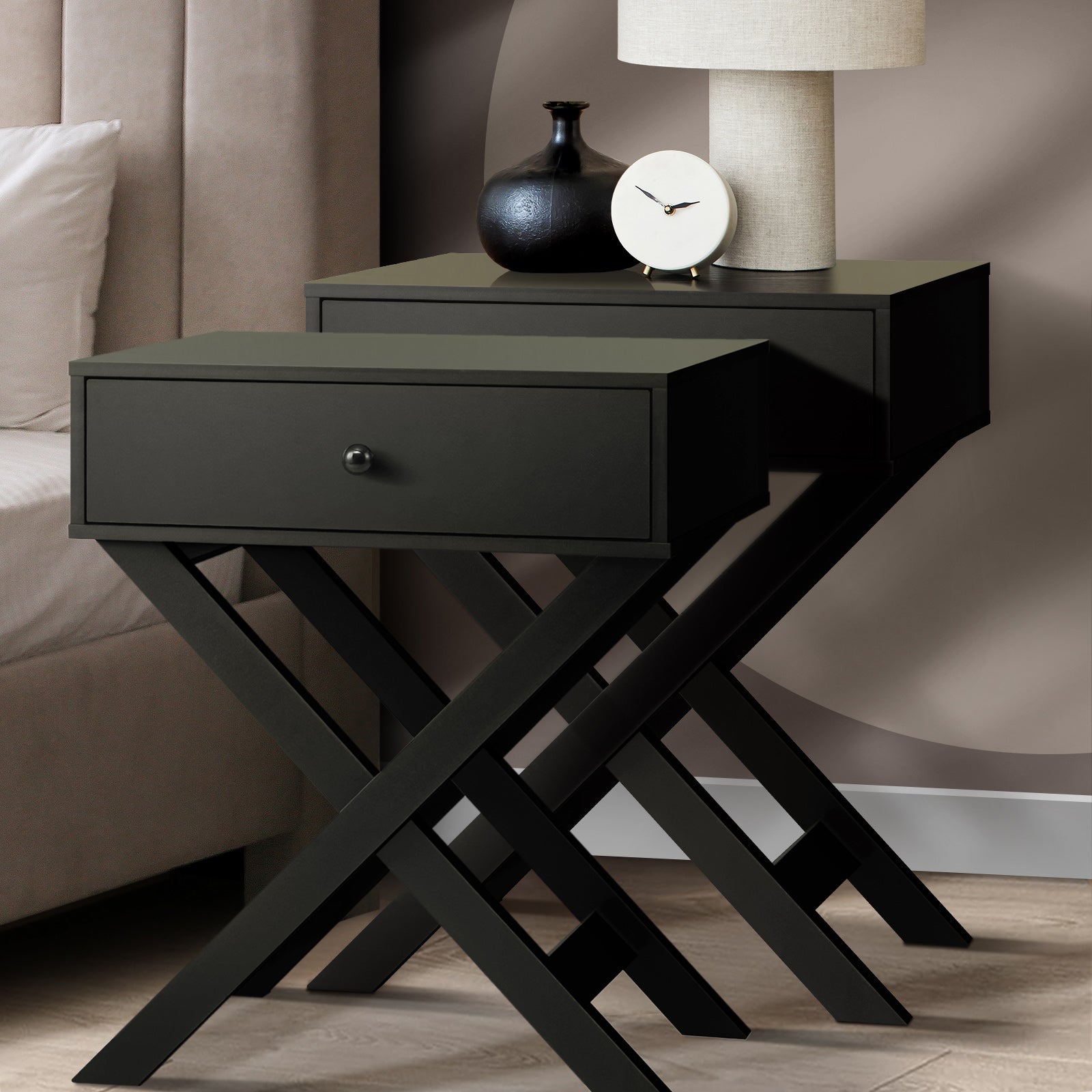 Oikiture 2PCS Bedside Table Drawer Side Table Black Storage Cabinet - Sunyee
