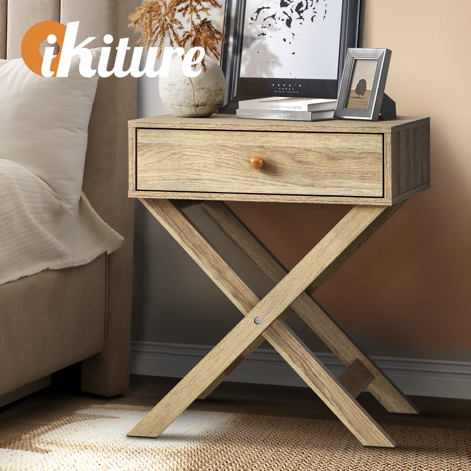 Oikiture Bedside Table Drawer Wooden Nightstand Storage Cabinet Side End Table - Sunyee