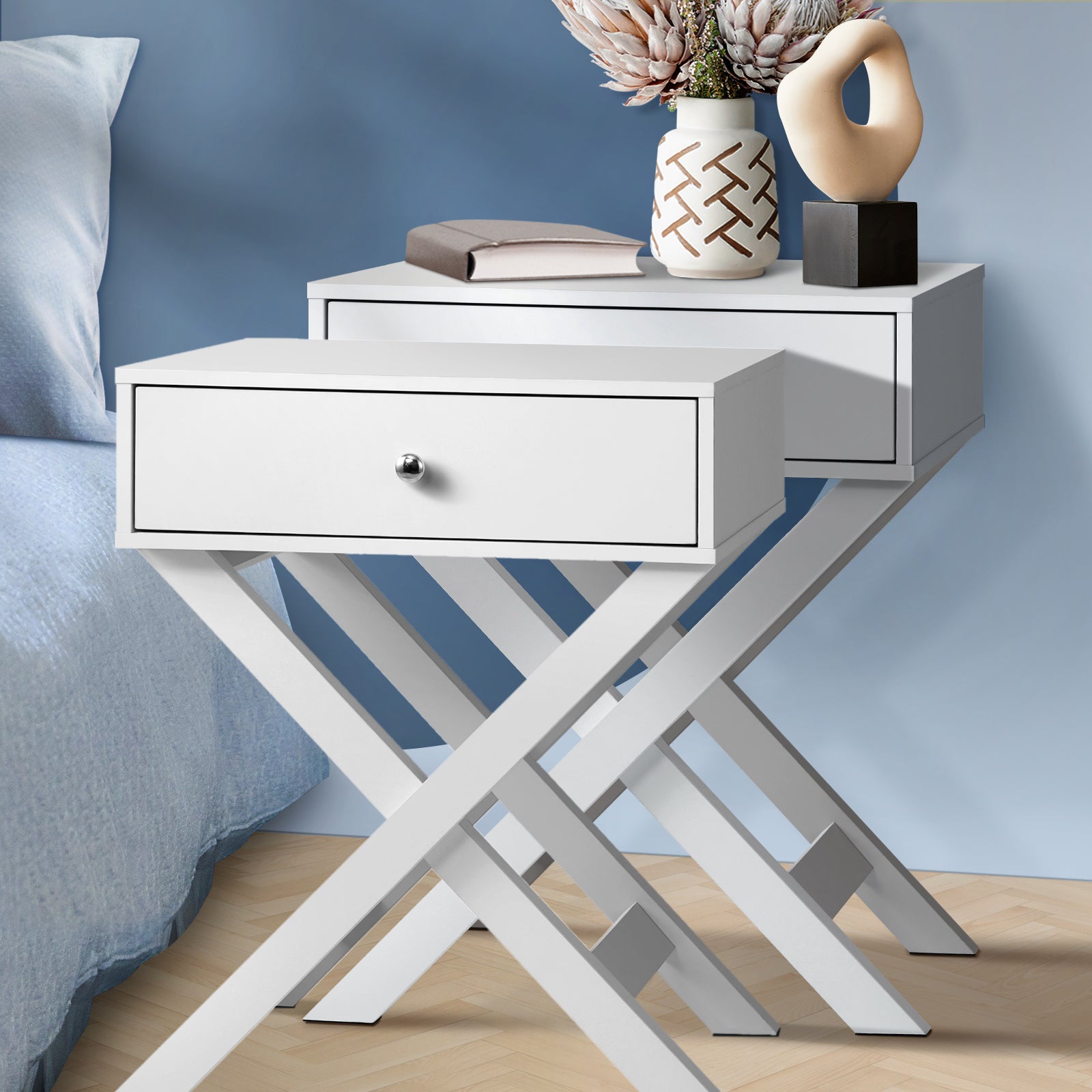 Oikiture 2PCS Bedside Table Drawer Side Table White Storage Cabinet - Sunyee