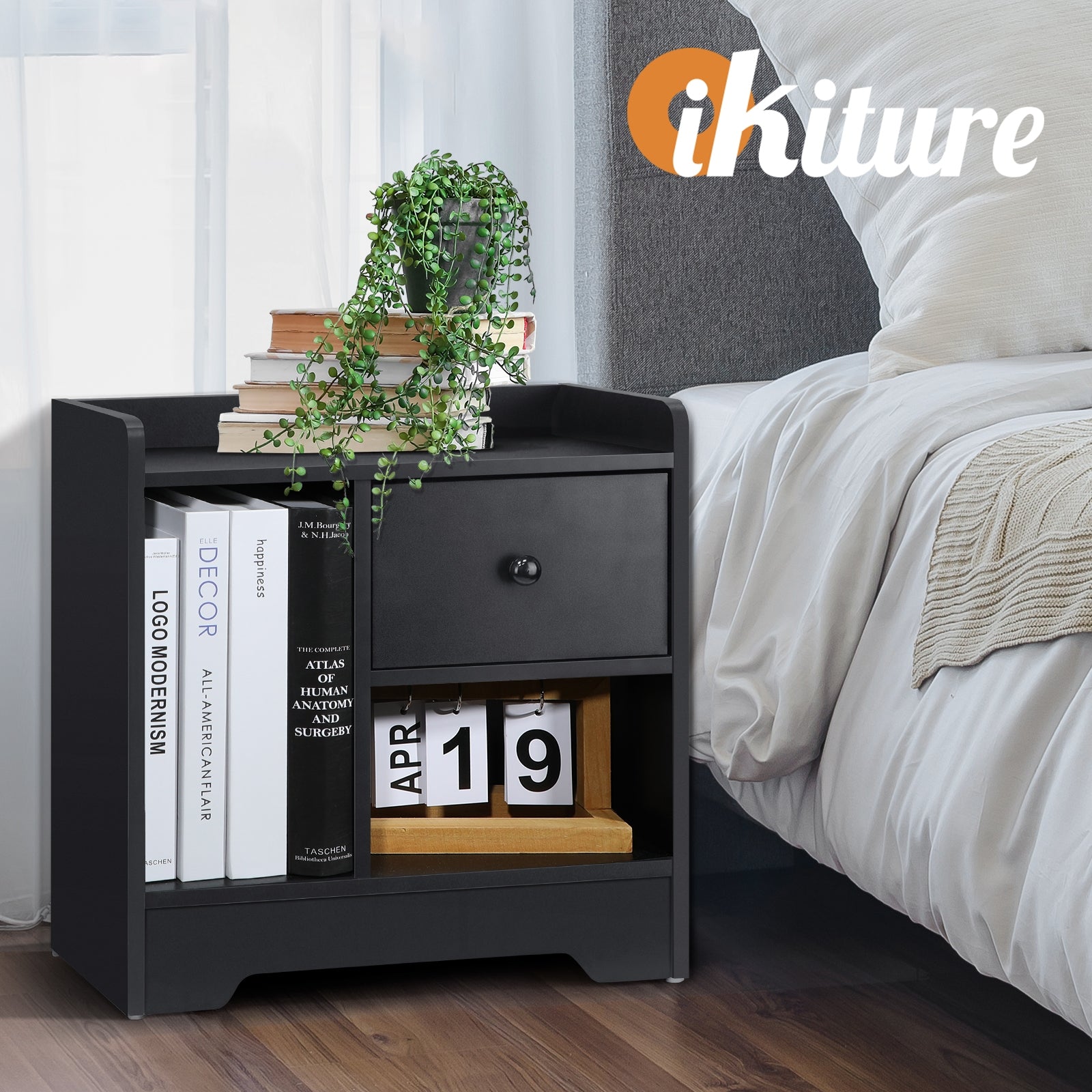 Oikiture Bedside Tables Black Side Table Bedroom Furniture Storage Cabinet - Sunyee