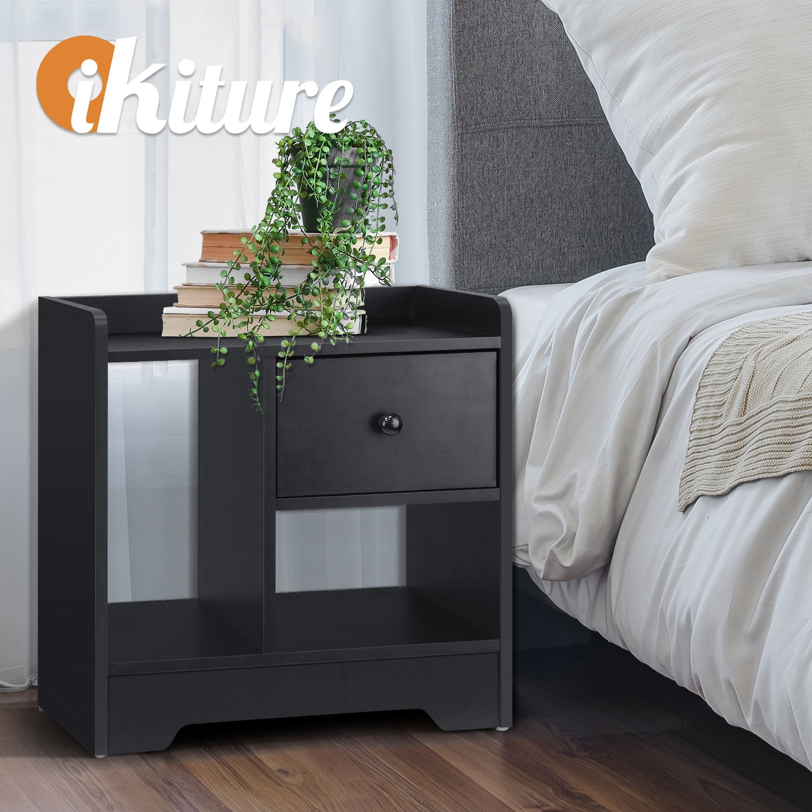 Oikiture Bedside Tables Side Table Nightstand Storage Drawer Shelf Bedroom Black - Sunyee