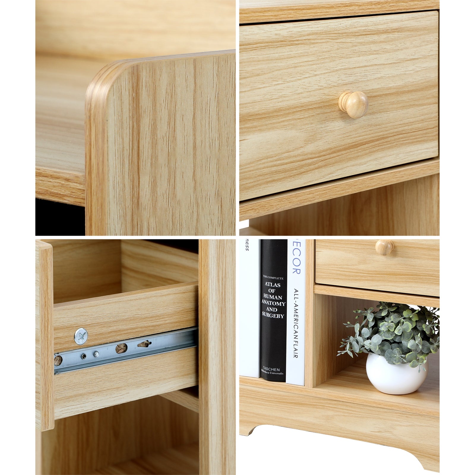 Oikiture Bedside Table Wooden Side Table Bedroom Nightstand Storage Drawer Shelf - Sunyee