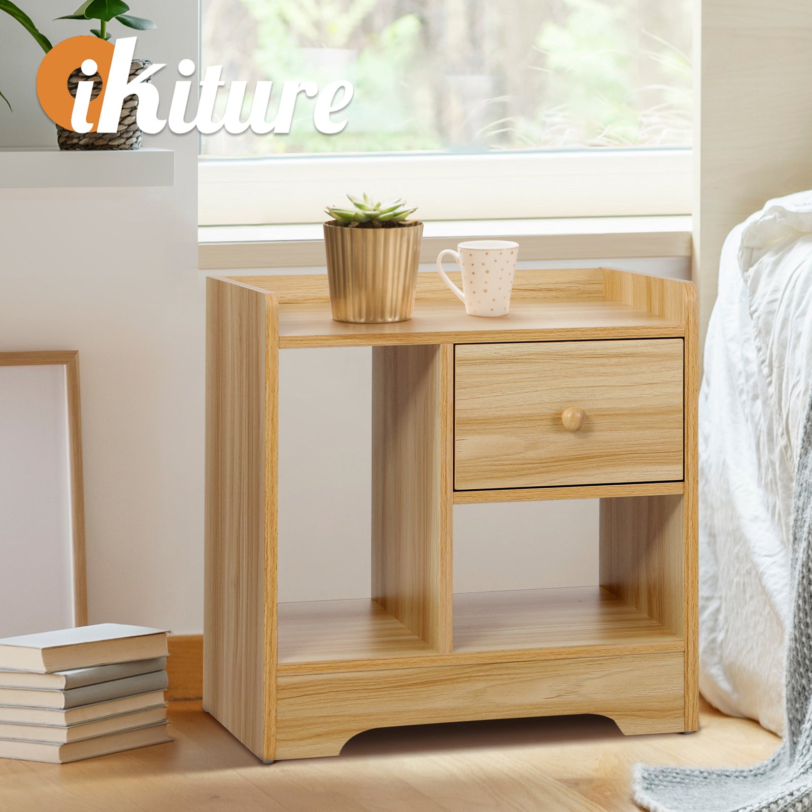Oikiture Bedside Table Wooden Side Table Bedroom Nightstand Storage Drawer Shelf - Sunyee