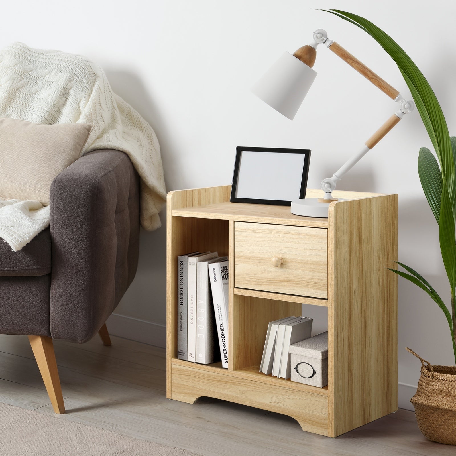 Oikiture Bedside Tables Set of 2 Side Table Nightstand Storage Shelf Natural - Sunyee
