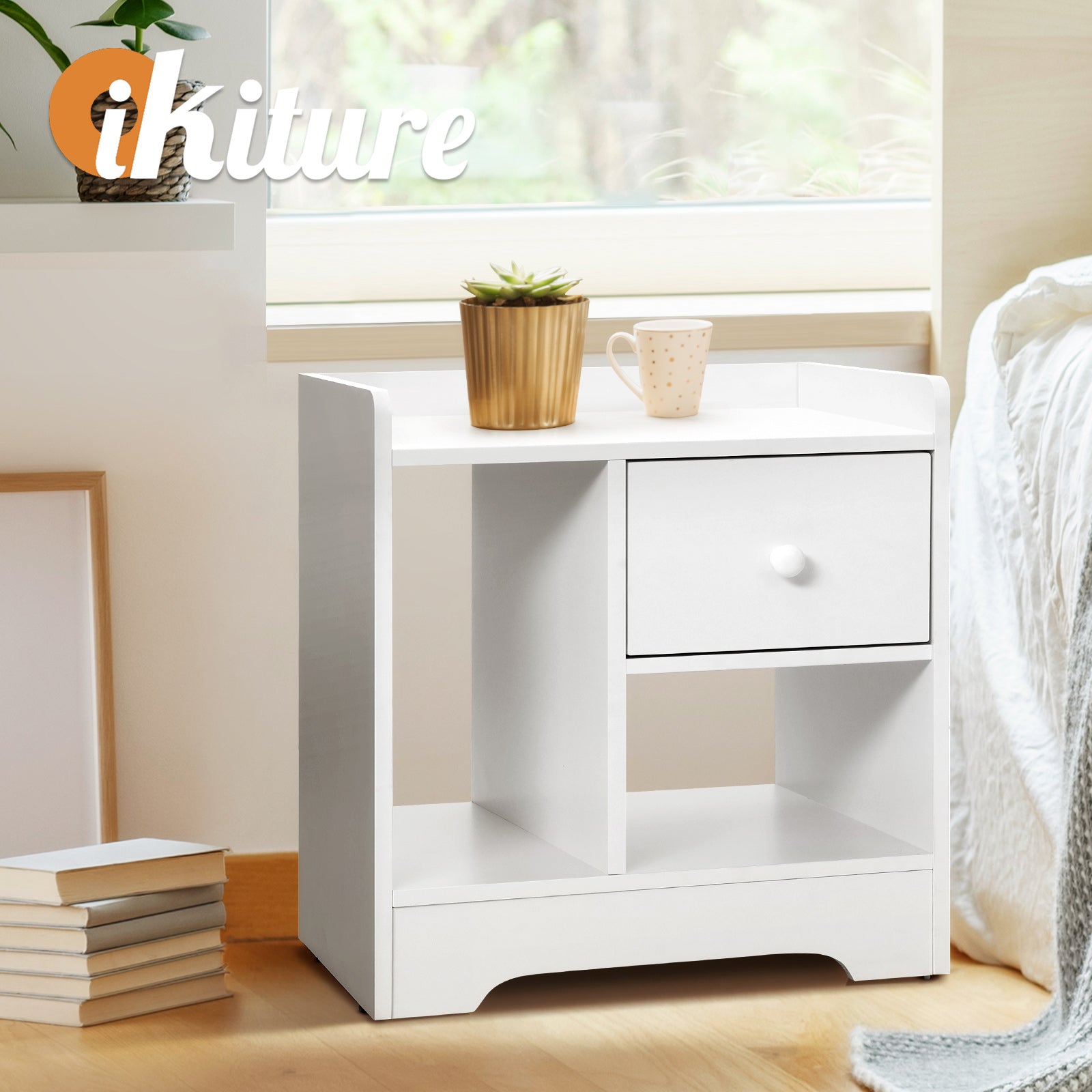 Oikiture Bedside Tables Side Table White Nightstand Storage Drawer Shelf Bedroom - Sunyee