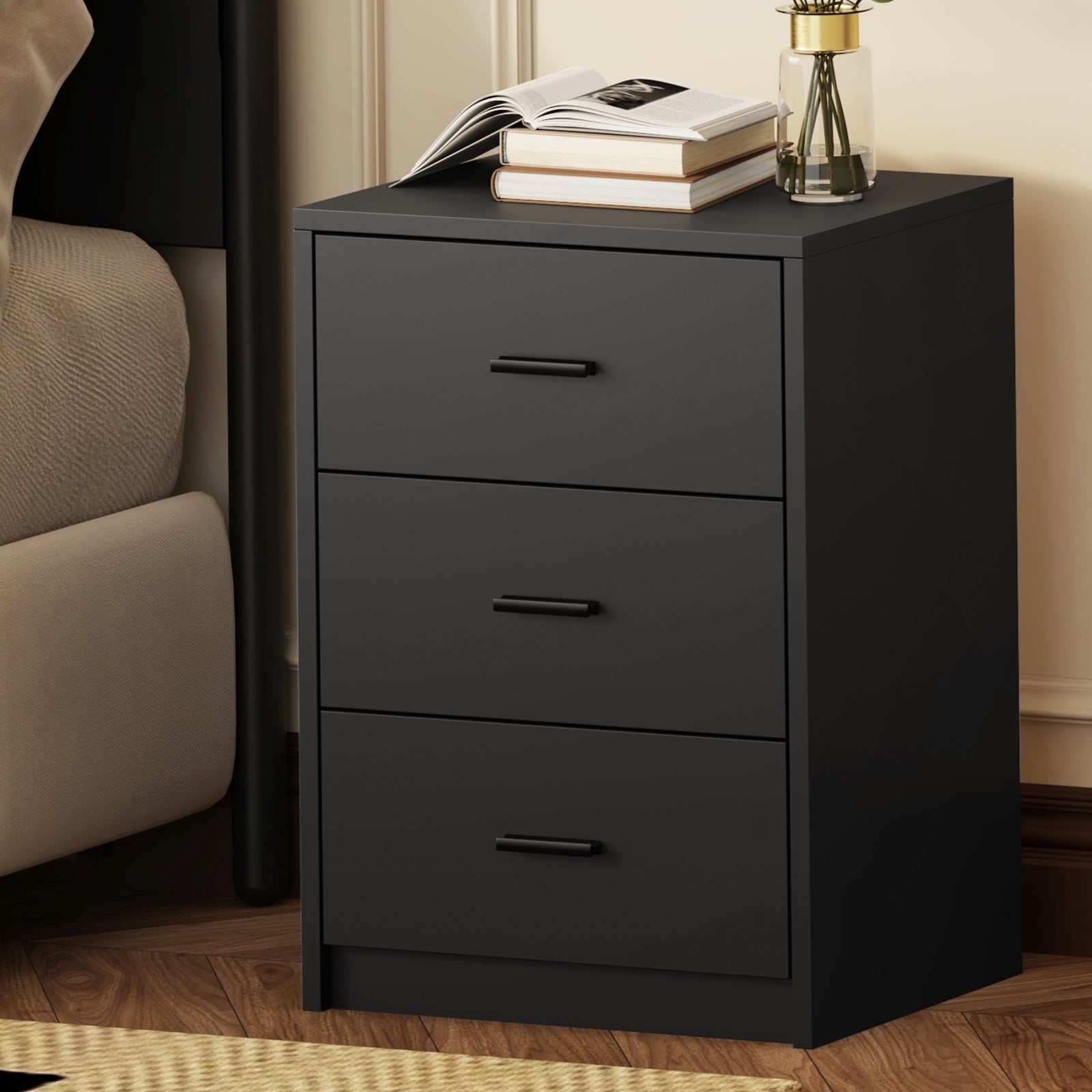 Oikiture Bedside Table 3 Drawers Nightstand Bedroom Storage Side End Black - Sunyee