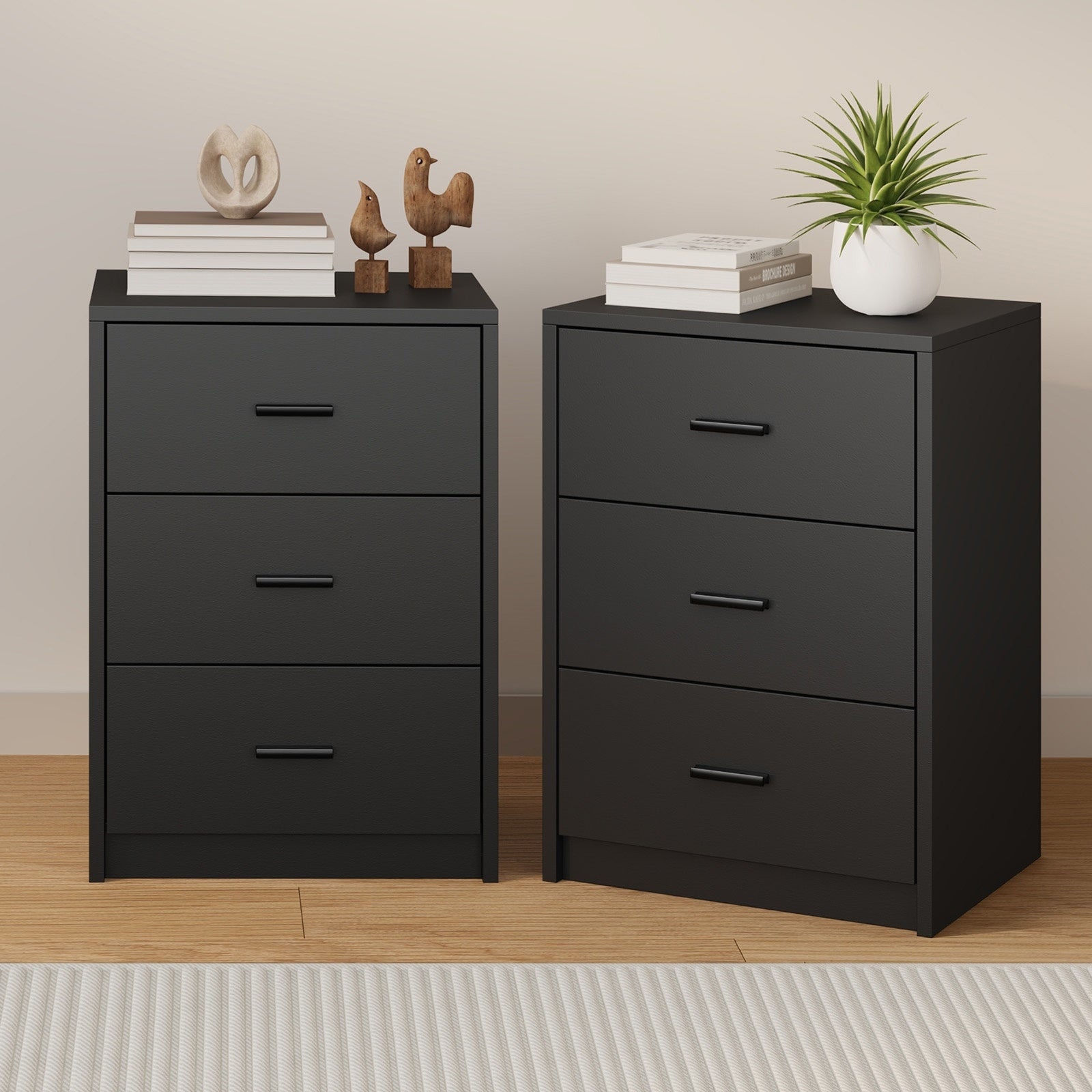 Oikiture 2x Bedside Table 3 Drawers Nightstand Bedroom Storage Side End Black - Sunyee