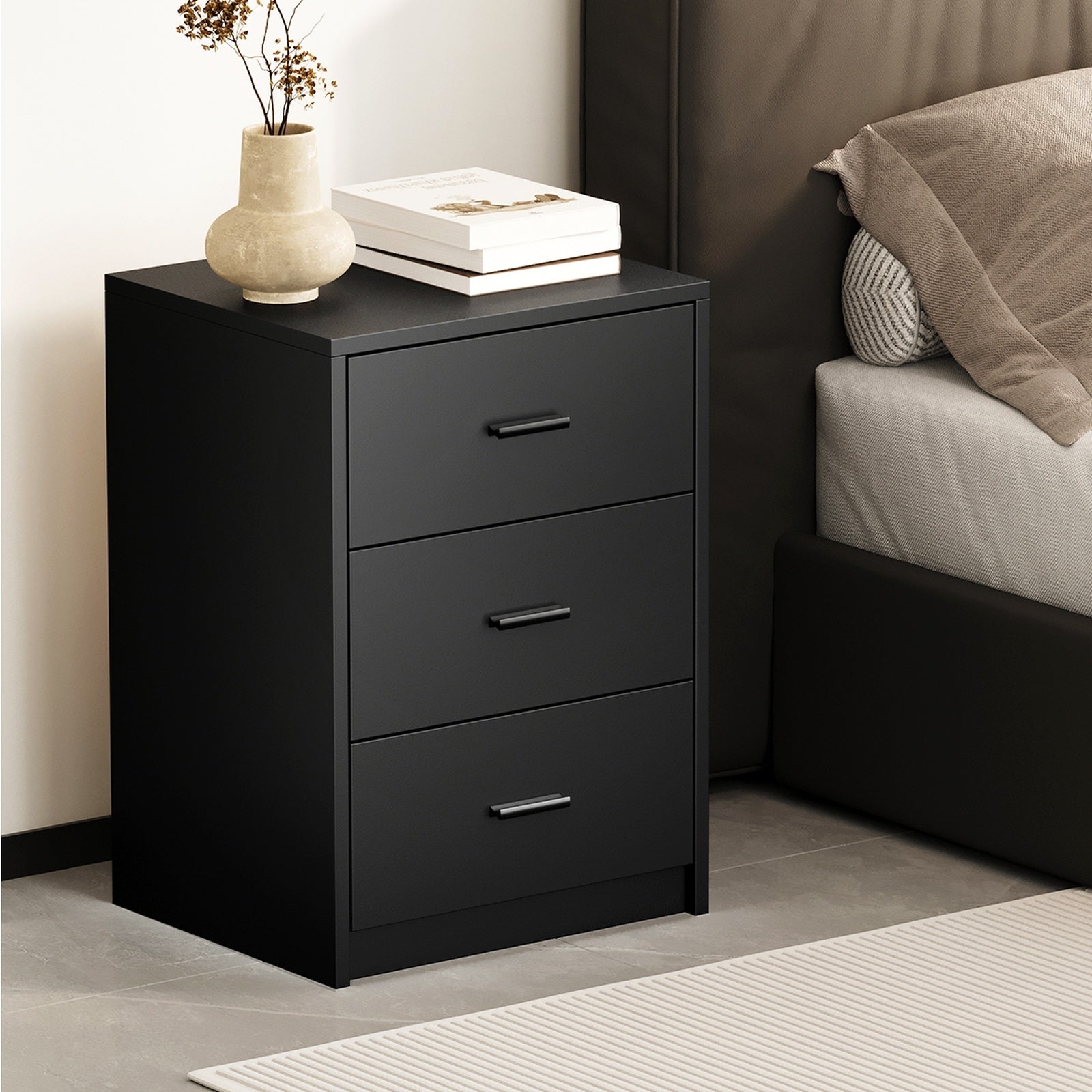 Oikiture 2x Bedside Table 3 Drawers Nightstand Bedroom Storage Side End Black - Sunyee