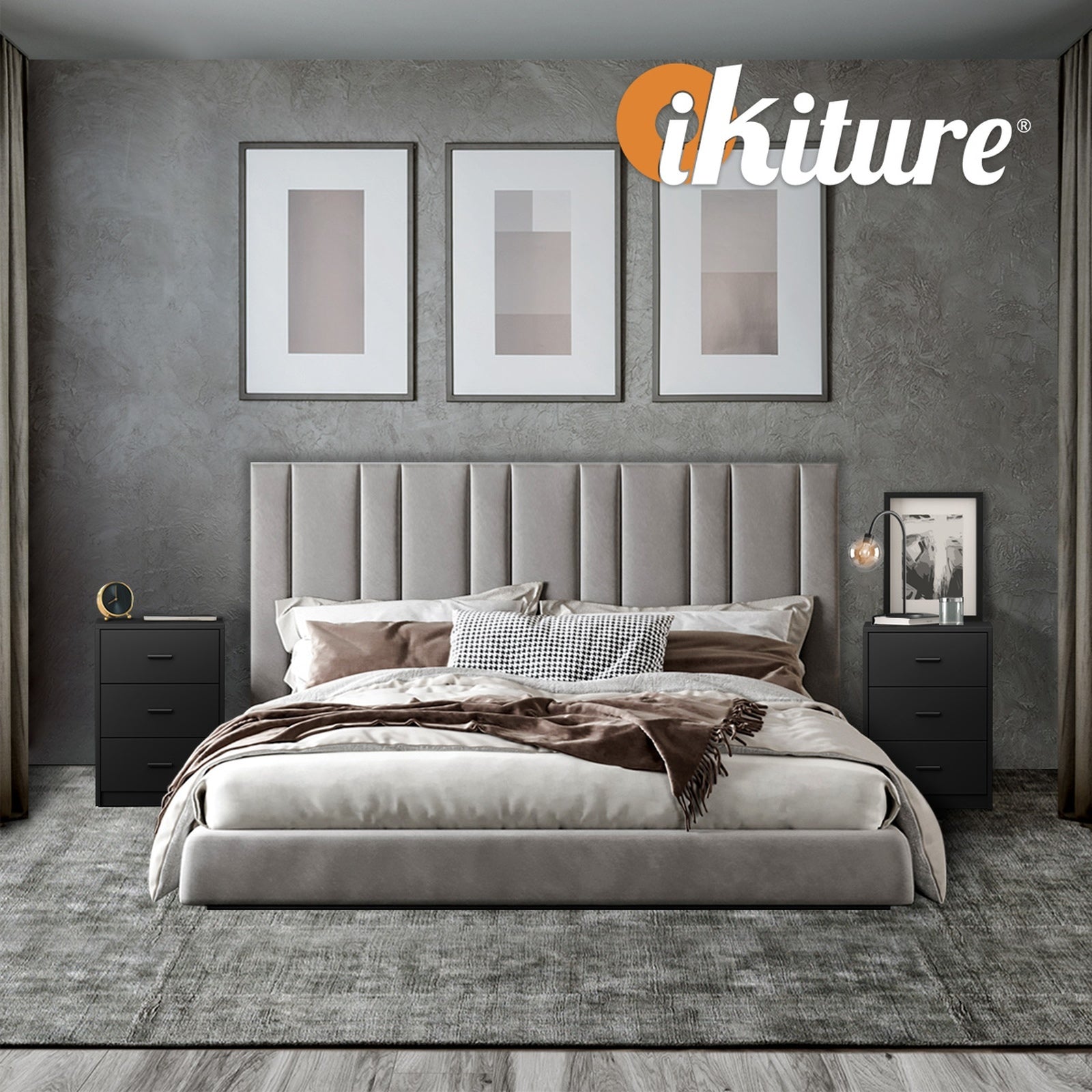 Oikiture 2x Bedside Table 3 Drawers Nightstand Bedroom Storage Side End Black - Sunyee