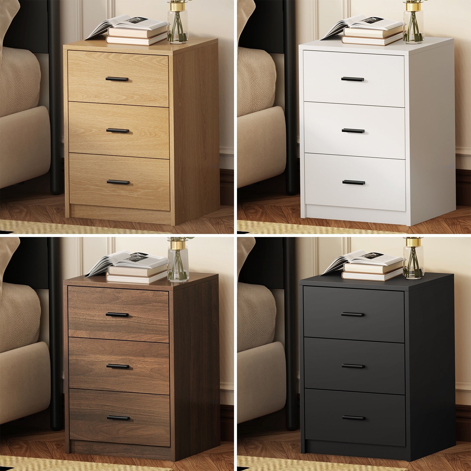 Oikiture Bedside Table 3 Drawers Nightstand Bedroom Storage Side End - Sunyee