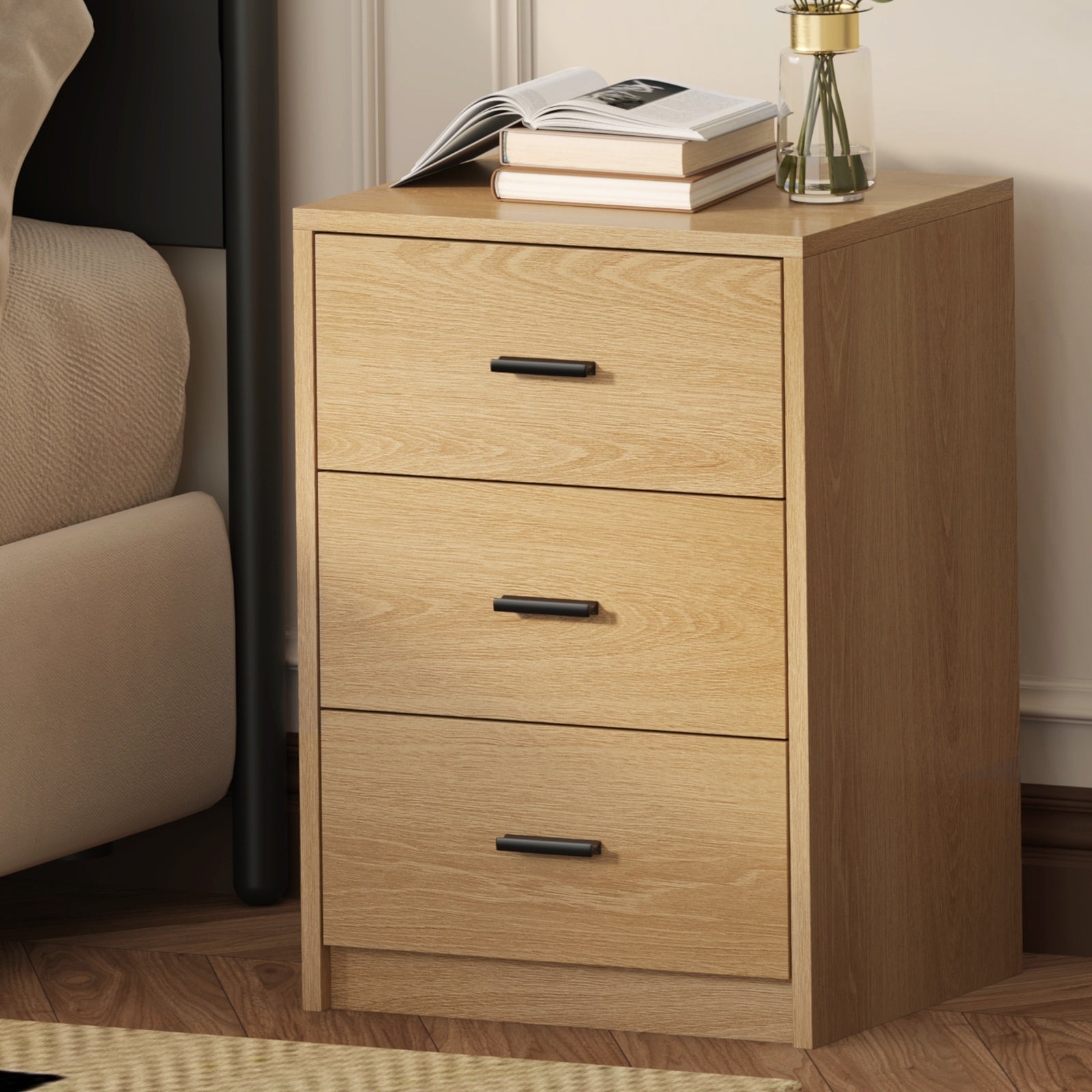 Oikiture Bedside Table 3 Drawers Nightstand Bedroom Storage Side End Natural - Sunyee