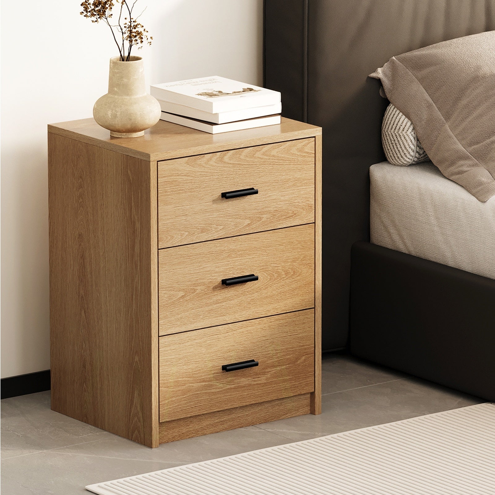 Oikiture 2x Bedside Table 3 Drawers Nightstand Bedroom Storage Side End Natural - Sunyee