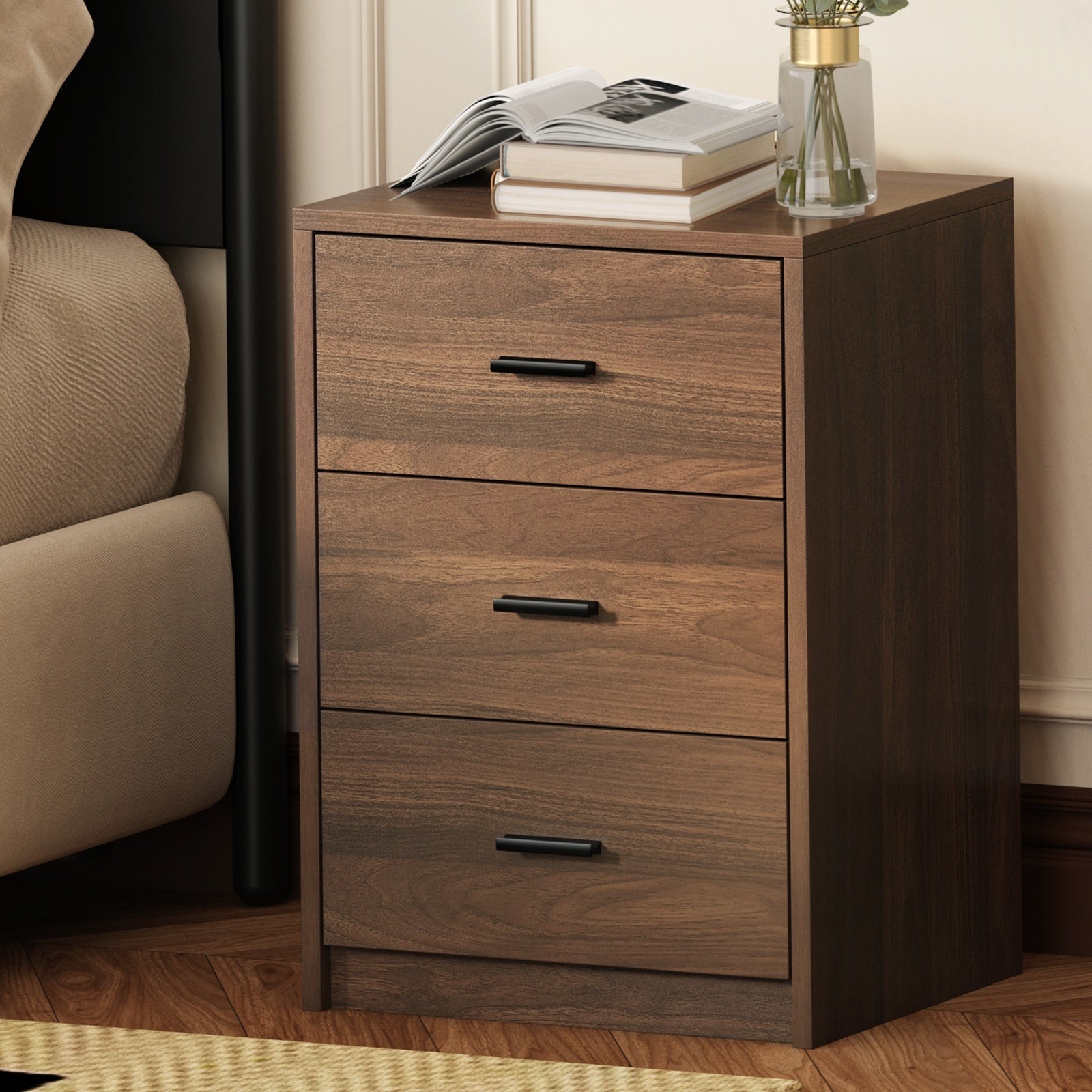 Oikiture Bedside Table 3 Drawers Nightstand Bedroom Storage Side End - Sunyee