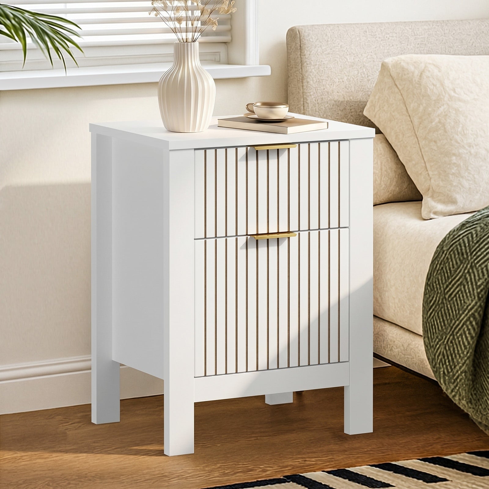 Oikiture Modern Bedside Table Nightstand Drawer Shelf Door Cabinet