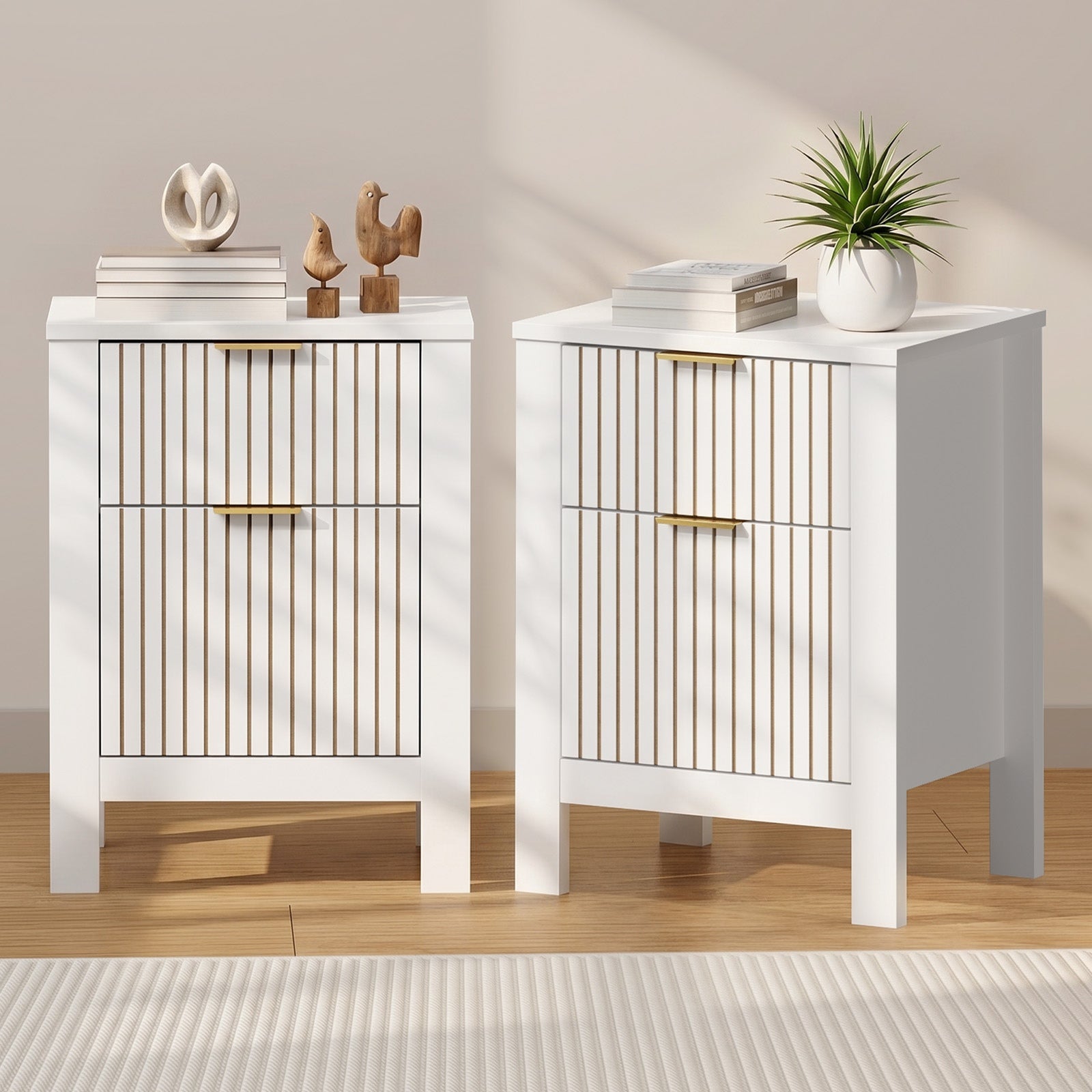 Oikiture 2pc Modern Bedside Table Nightstand Drawer Shelf Door Cabinet White