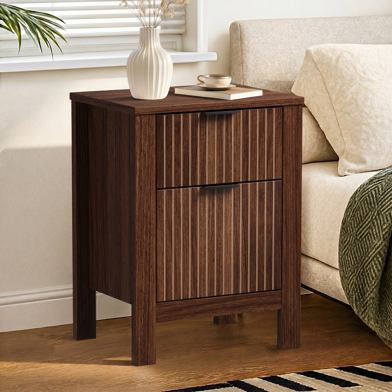 Oikiture Modern Bedside Table Nightstand Drawer Shelf Door Cabinet