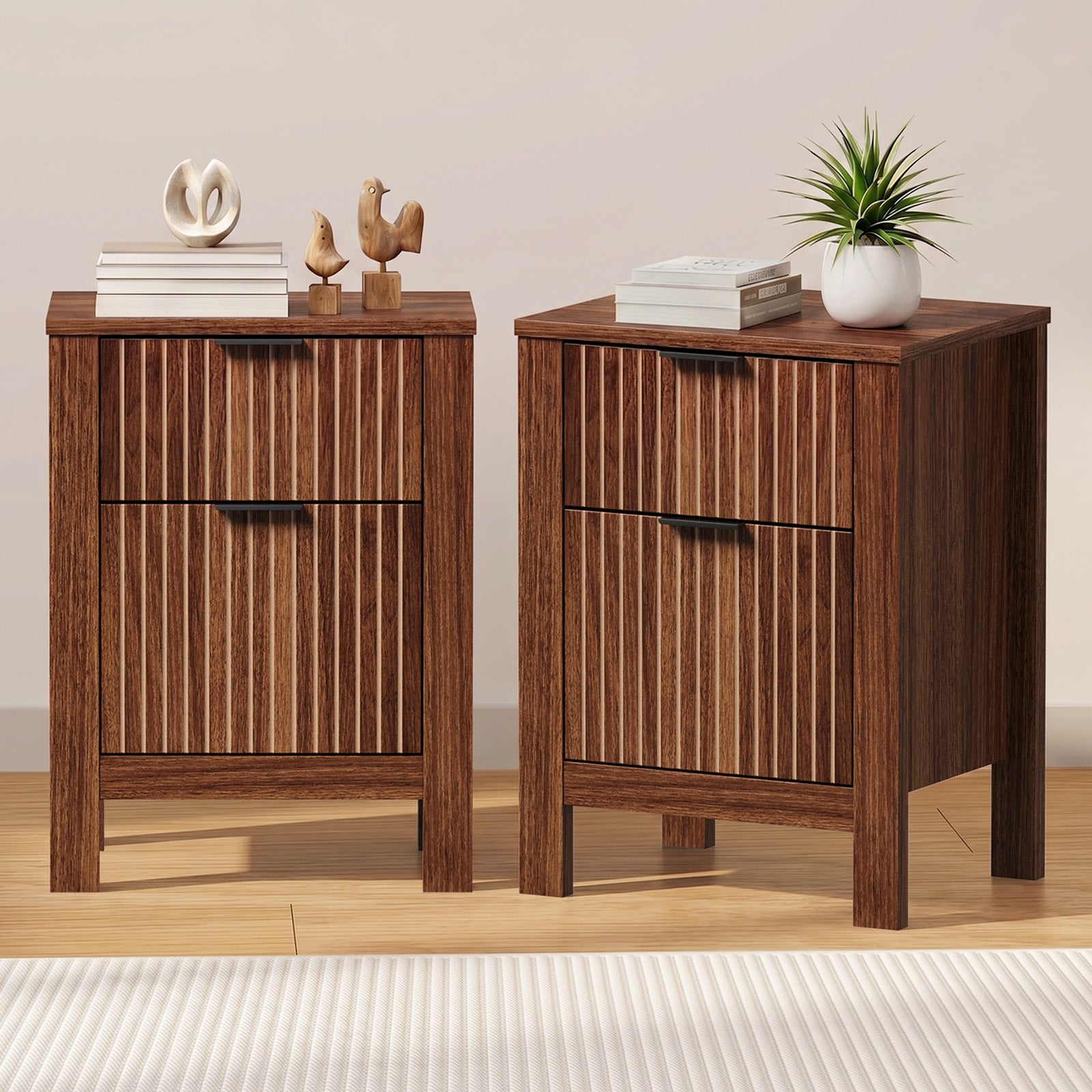Oikiture 2pc Modern Bedside Table Nightstand Drawer Shelf Door Cabinet Walnut