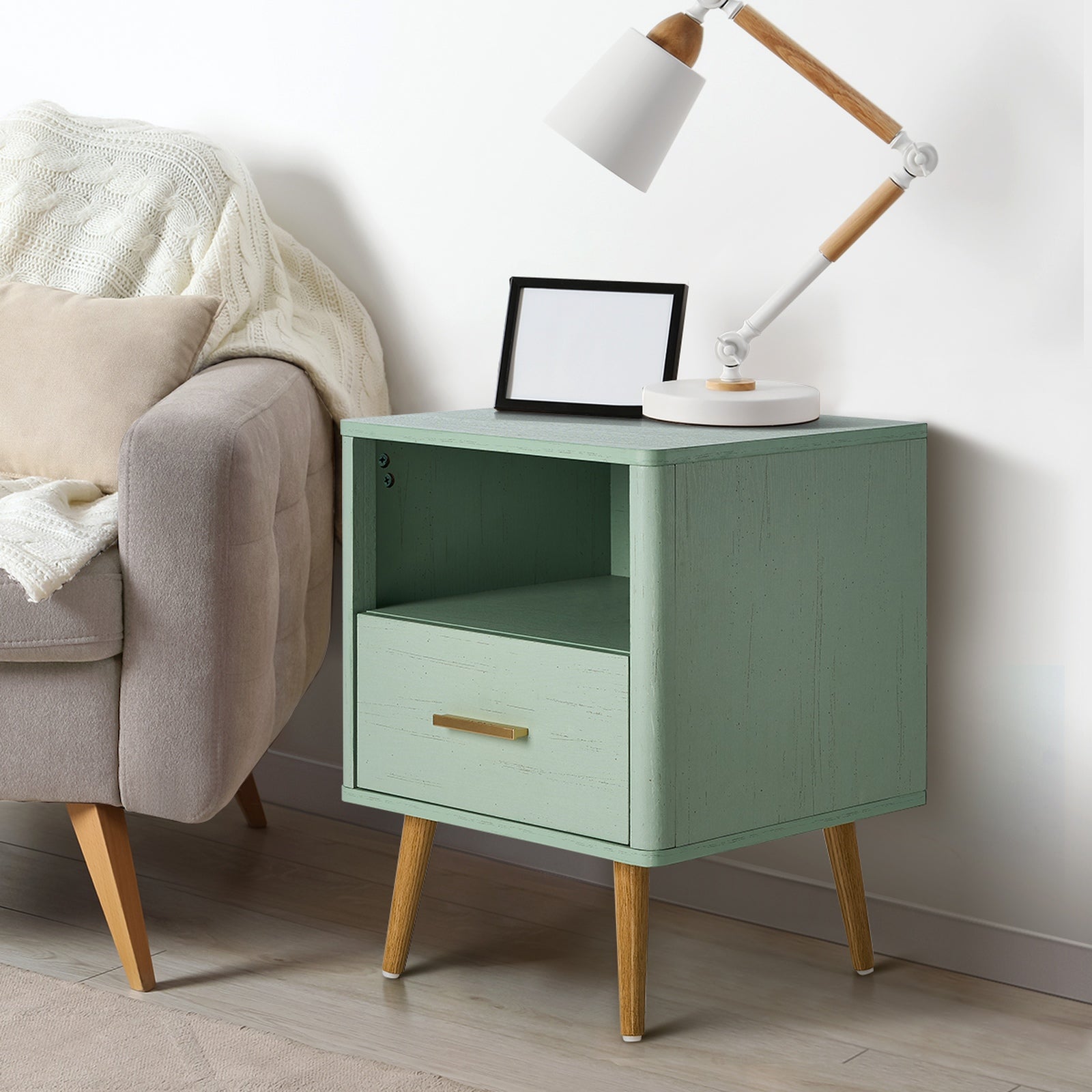 Oikiture 2x Bedside Table 1 Drawer Open Shelf Side End Tables Nightstand Green - Sunyee