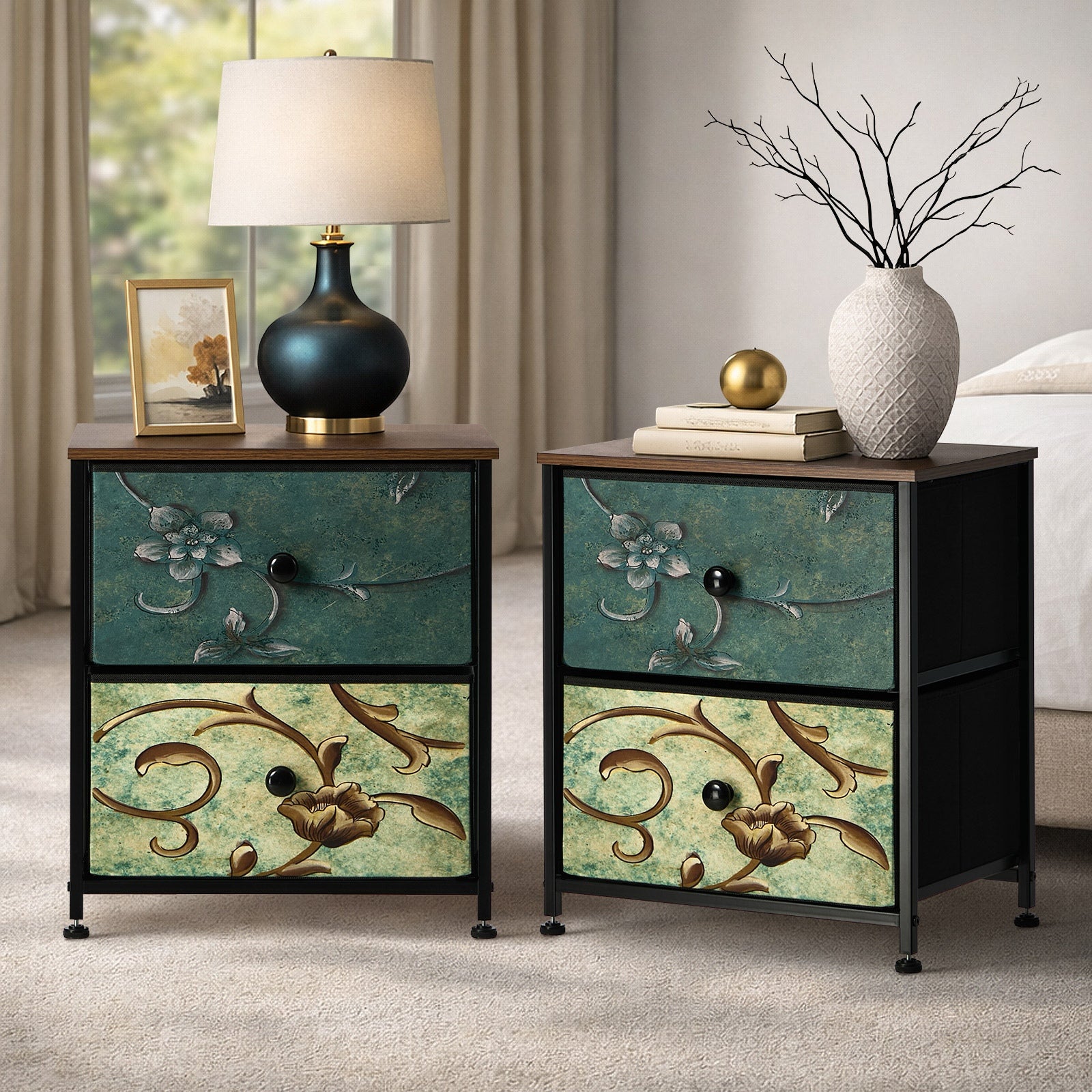 Oikiture 2pc Bedside Tables Fabric Storage Cabinet 2 Drawers Dresser Nightstand - Sunyee