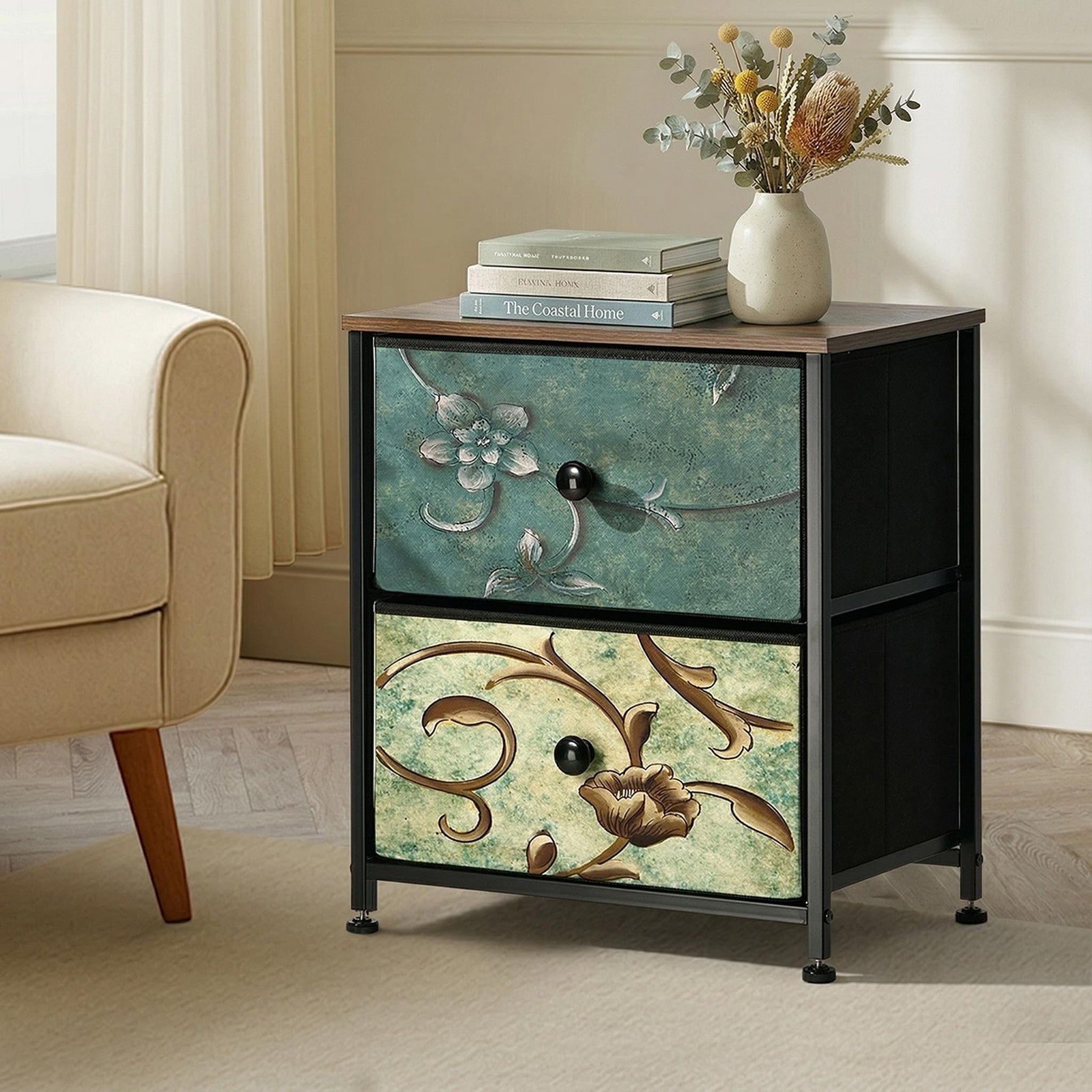 Oikiture 2pc Bedside Tables Fabric Storage Cabinet 2 Drawers Dresser Nightstand - Sunyee