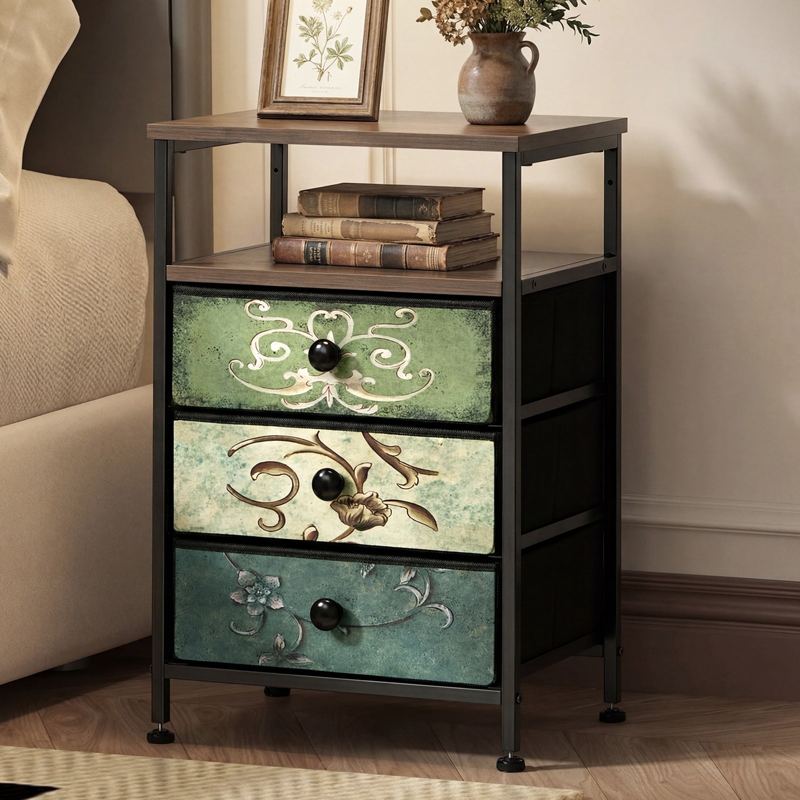 Oikiture Bedside Table Fabric Nightstand 3 Drawers Retro End Table Shelf - Sunyee