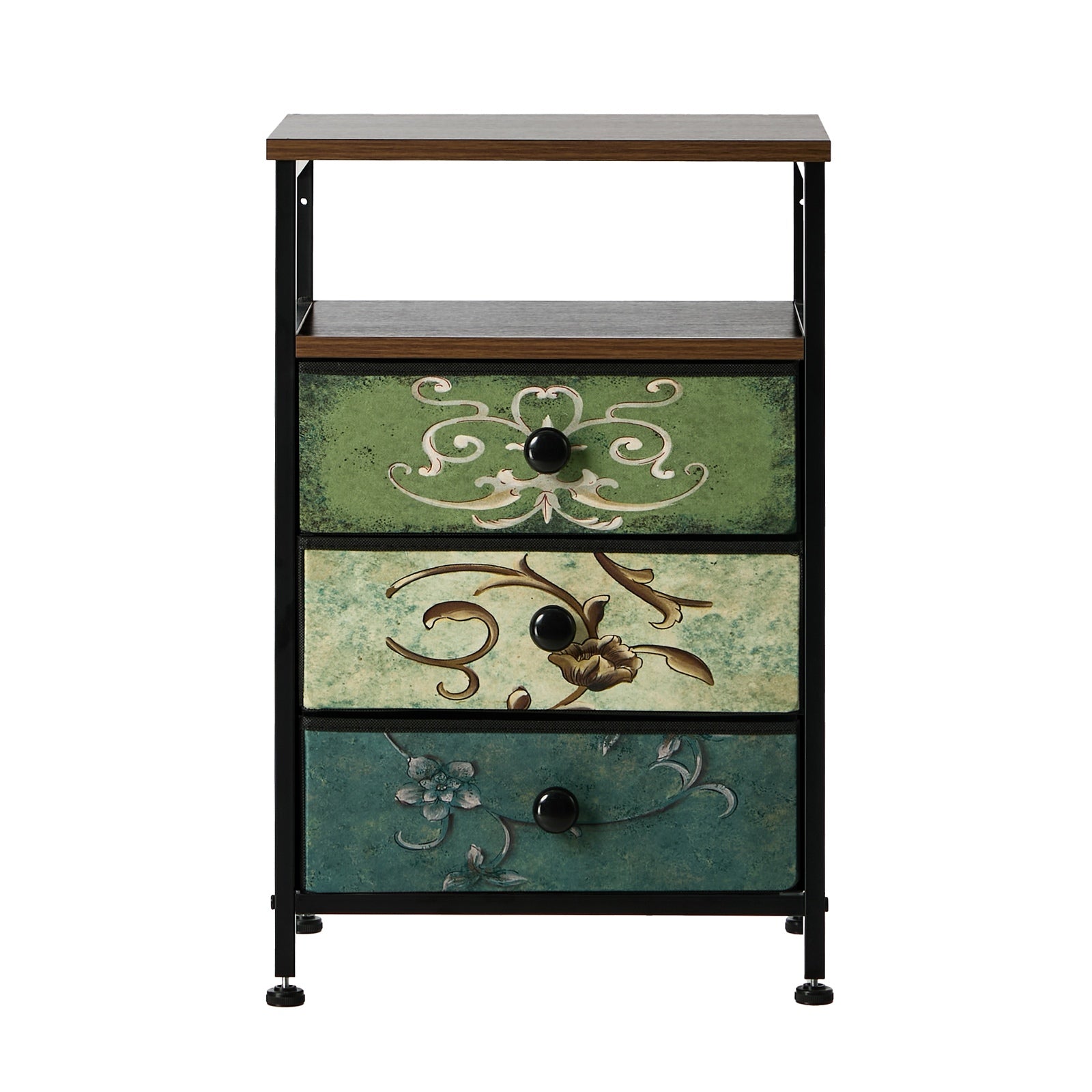 Oikiture Bedside Table Fabric Nightstand 3 Drawers Retro End Table Shelf - Sunyee