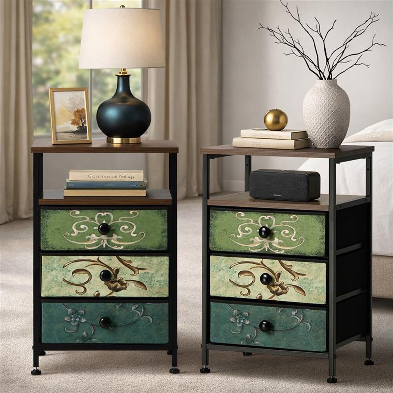 Oikiture 2pc Bedside Tables Fabric Nightstand 3 Drawers Retro End Table Shelf - Sunyee