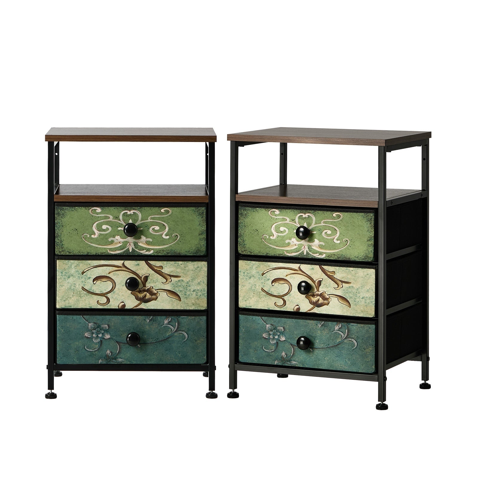 Oikiture 2pc Bedside Tables Fabric Nightstand 3 Drawers Retro End Table Shelf - Sunyee
