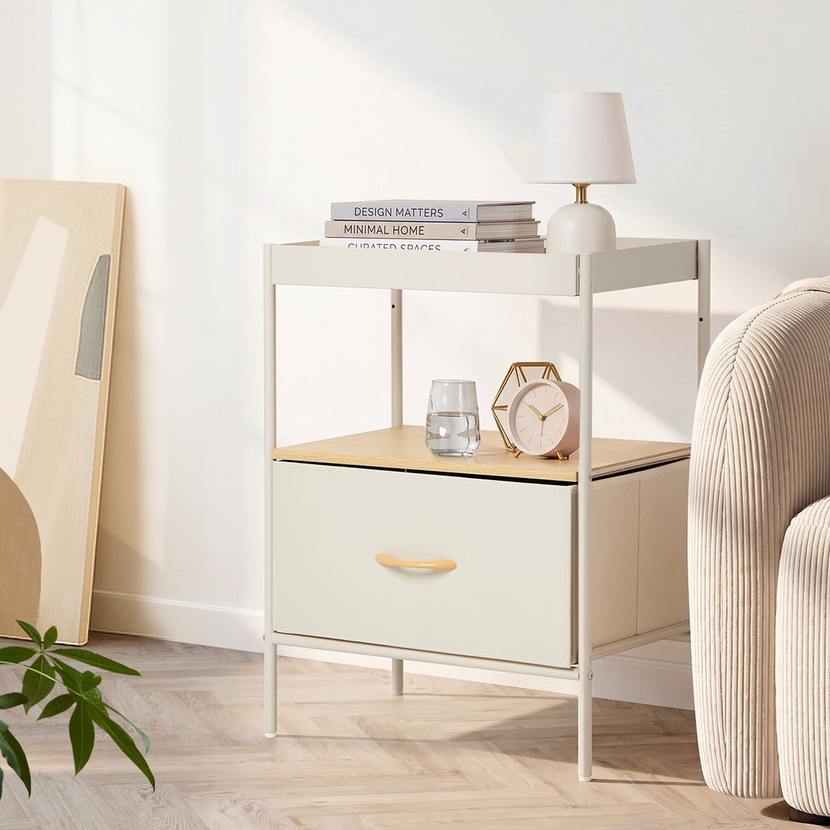 Oikiture 2pc Fabric Bedside Table Single Drawer Open Shelf Nightstand Beige
