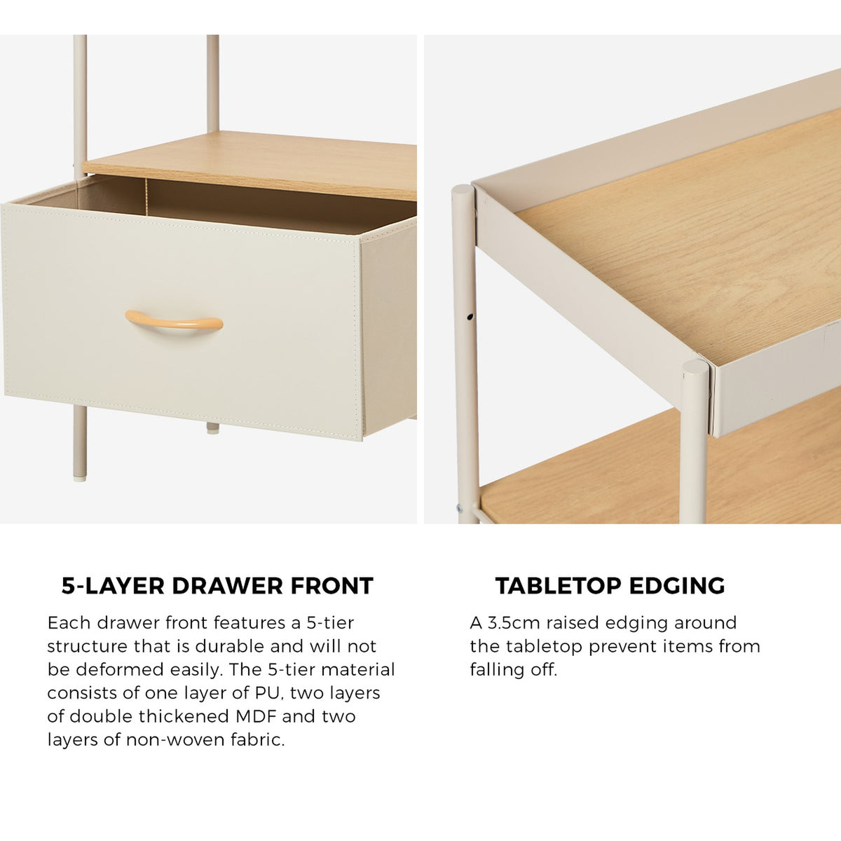 Oikiture 2pc Fabric Bedside Table Single Drawer Open Shelf Nightstand Beige