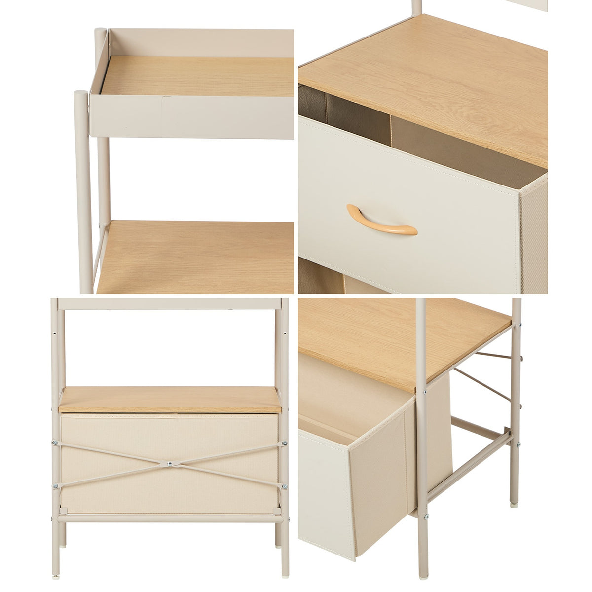 Oikiture 2pc Fabric Bedside Table Single Drawer Open Shelf Nightstand Beige