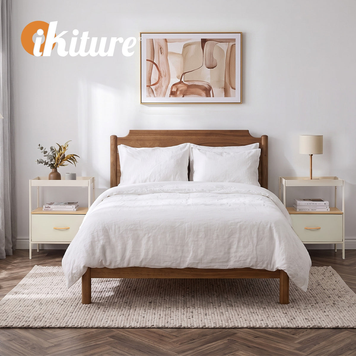 Oikiture 2pc Fabric Bedside Table Single Drawer Open Shelf Nightstand Beige