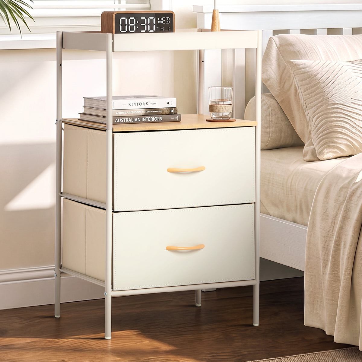 Oikiture Fabric Bedside Table 2 Drawer Open Shelf Nightstand Beige
