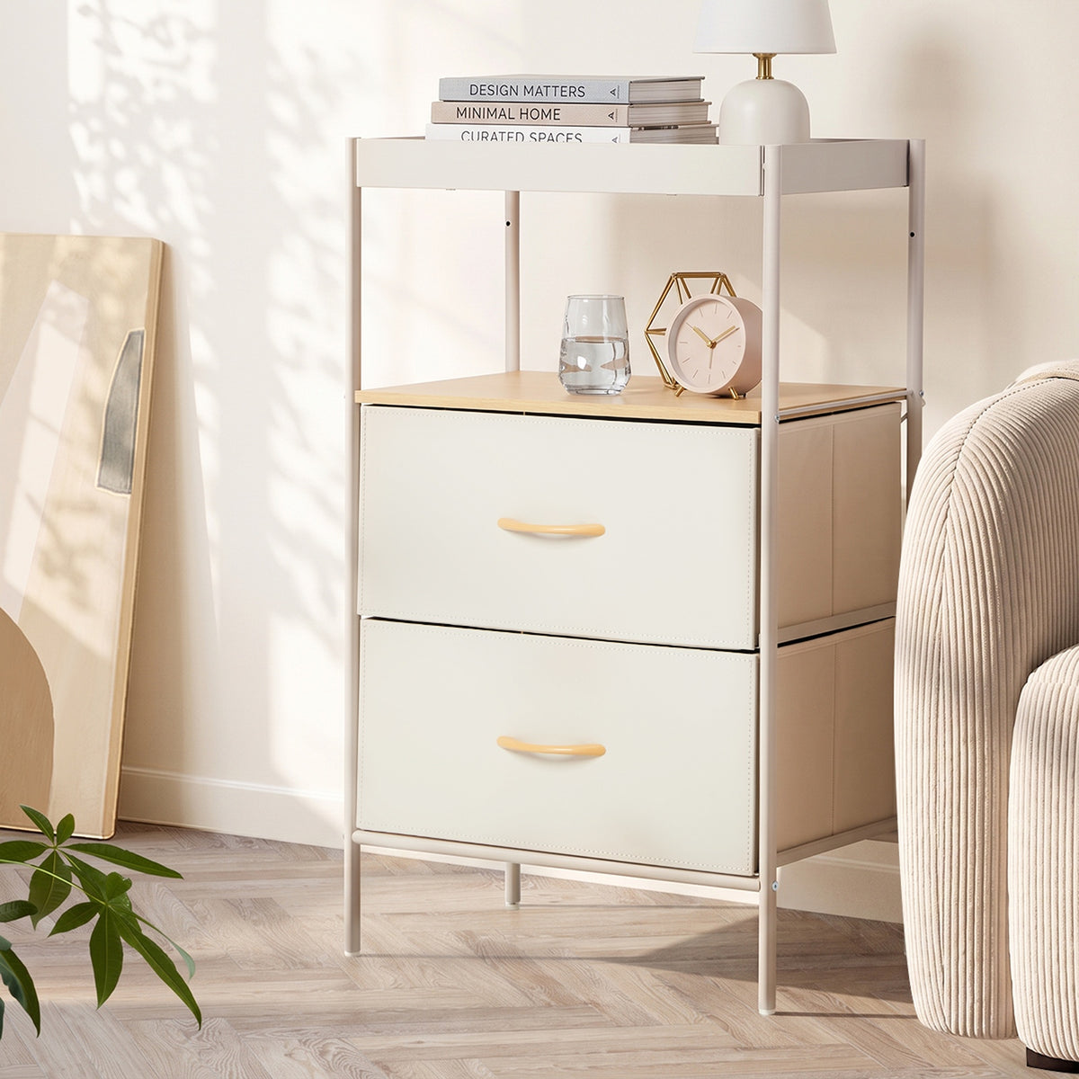 Oikiture Fabric Bedside Table 2 Drawer Open Shelf Nightstand Beige