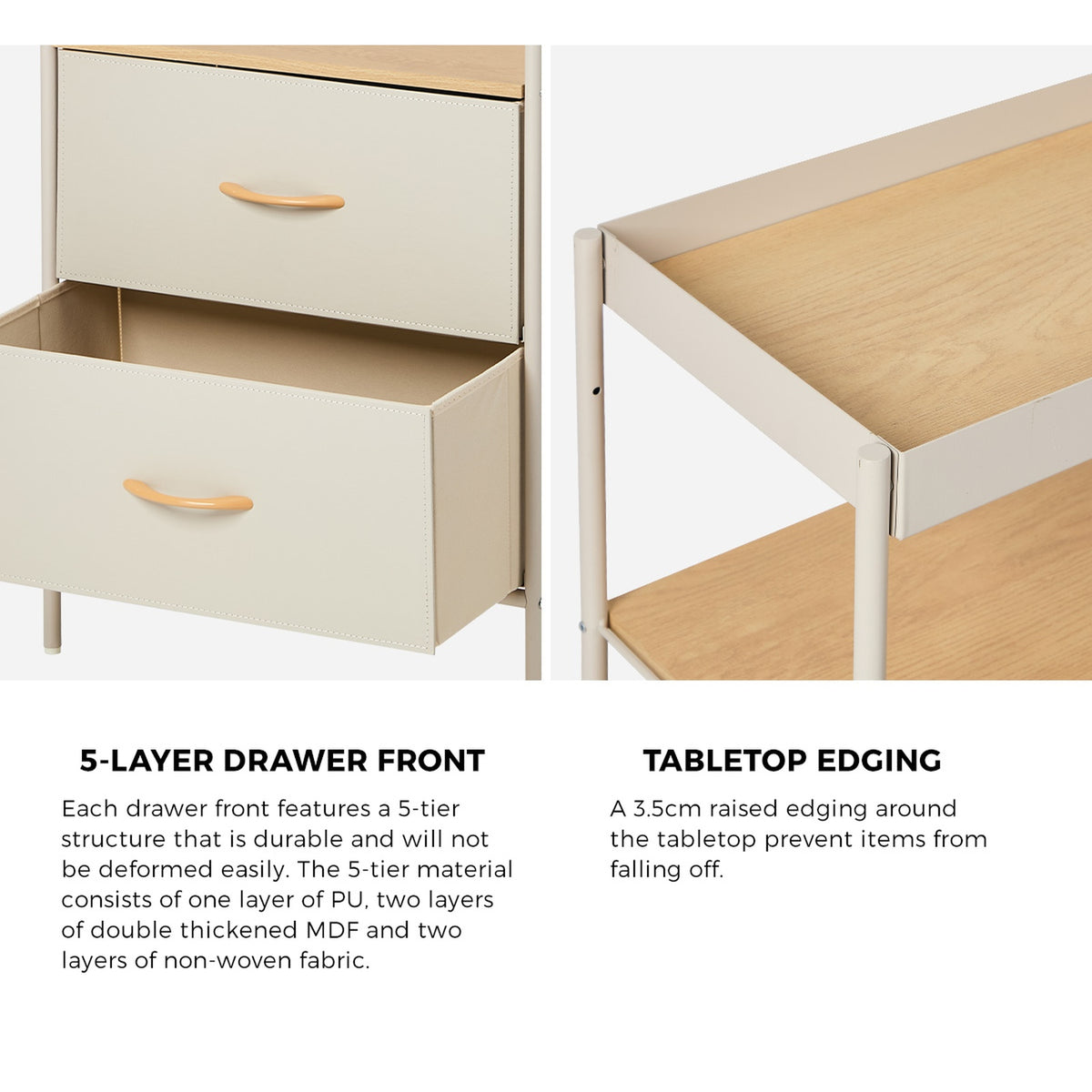 Oikiture Fabric Bedside Table 2 Drawer Open Shelf Nightstand Beige