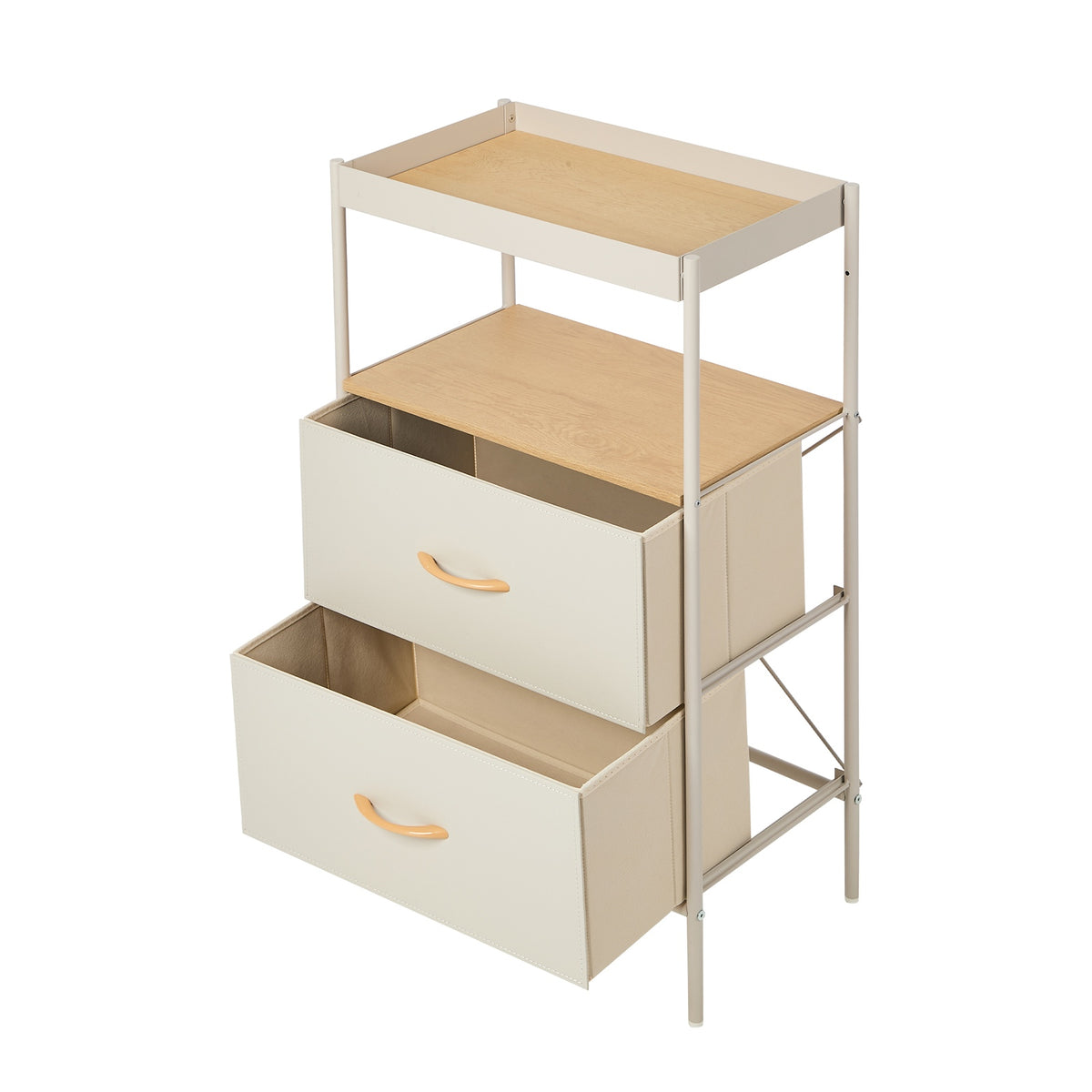 Oikiture Fabric Bedside Table 2 Drawer Open Shelf Nightstand Beige
