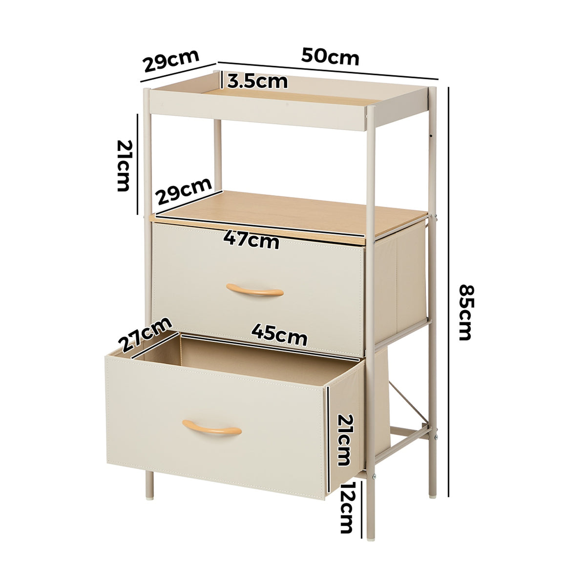 Oikiture Fabric Bedside Table 2 Drawer Open Shelf Nightstand Beige