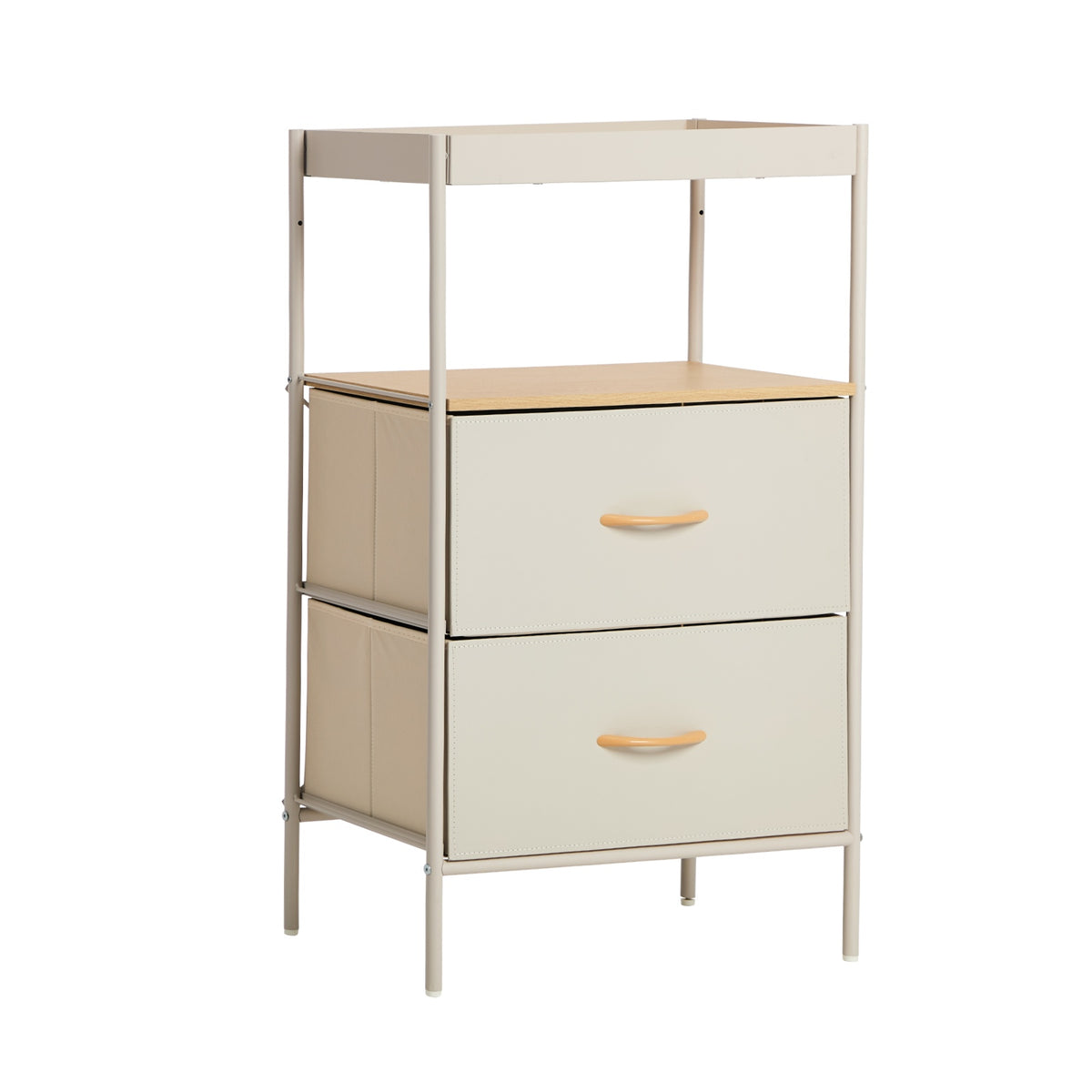 Oikiture Fabric Bedside Table 2 Drawer Open Shelf Nightstand Beige