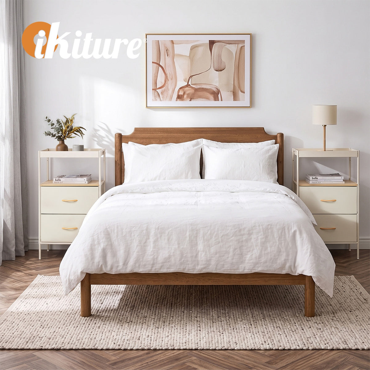 Oikiture 2pc Fabric Bedside Table 2 Drawer Open Shelf Nightstand Beige
