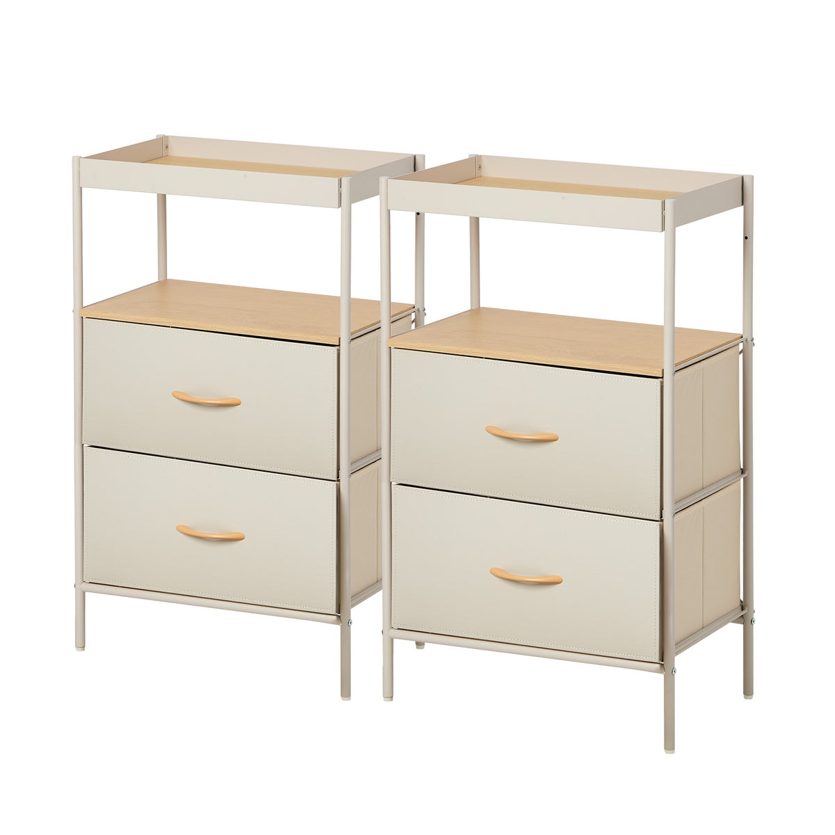 Oikiture 2pc Fabric Bedside Table 2 Drawer Open Shelf Nightstand Beige