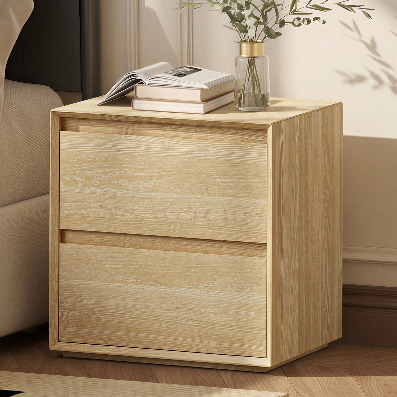Oikiture Bedside Table 2 Drawers Bedroom Nightstand Handle-Free Natural