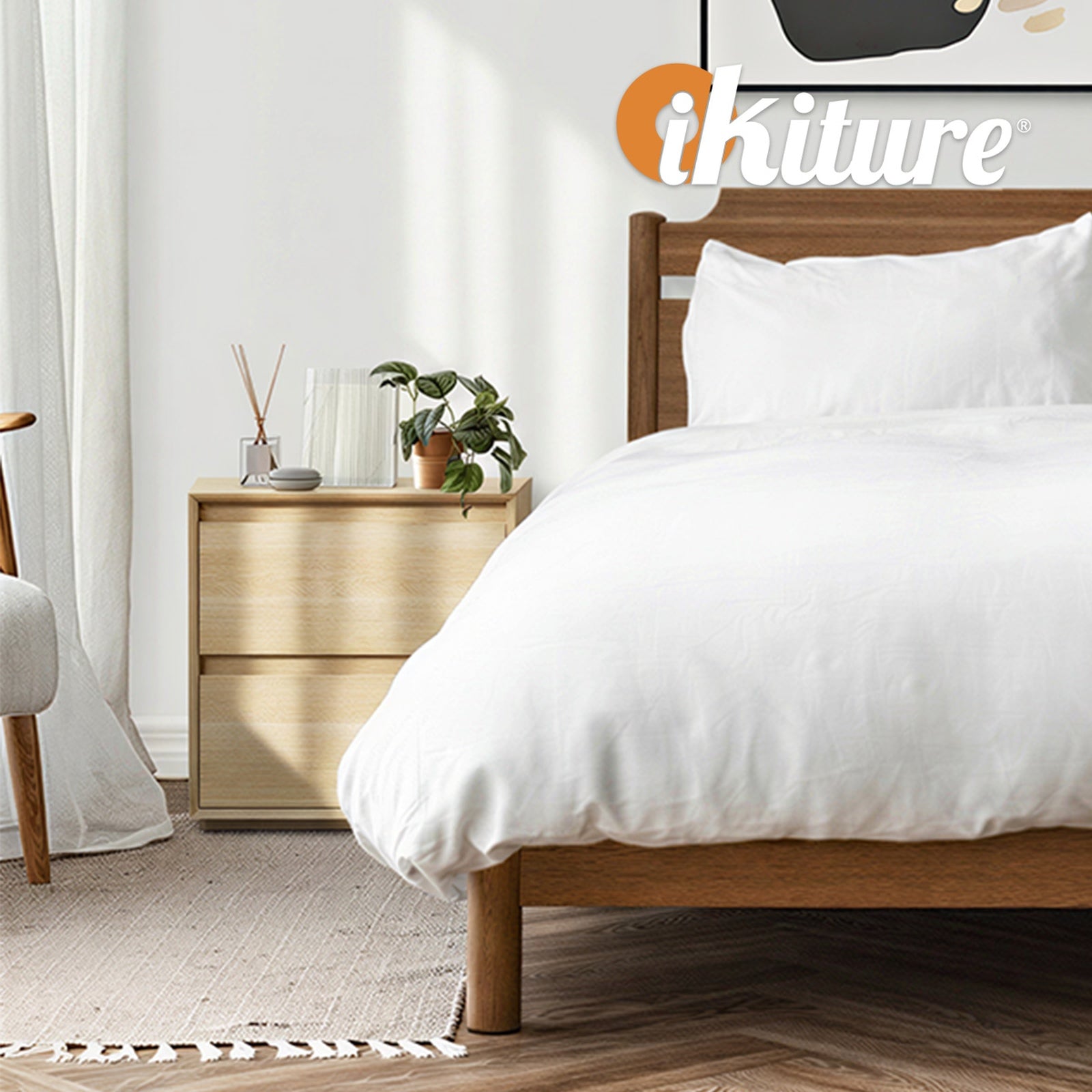 Oikiture Bedside Table 2 Drawers Bedroom Nightstand Handle-Free Natural