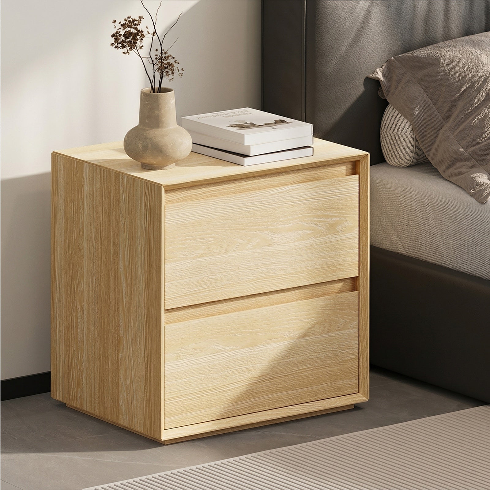 Oikiture 2pc Bedside Table 2 Drawers Bedroom Nightstand Handle-Free Natural