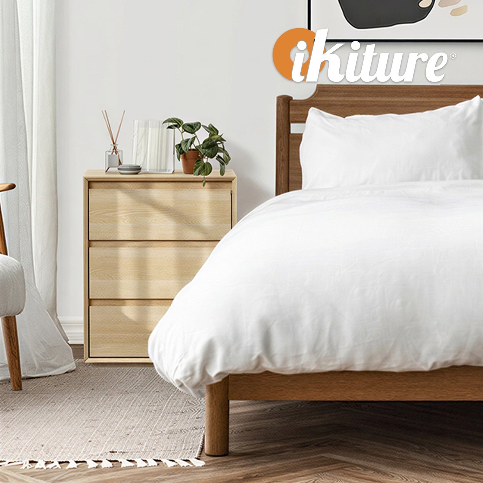 Oikiture Bedside Table 3 Drawers Nightstand Side Storage Handle-Free Natural