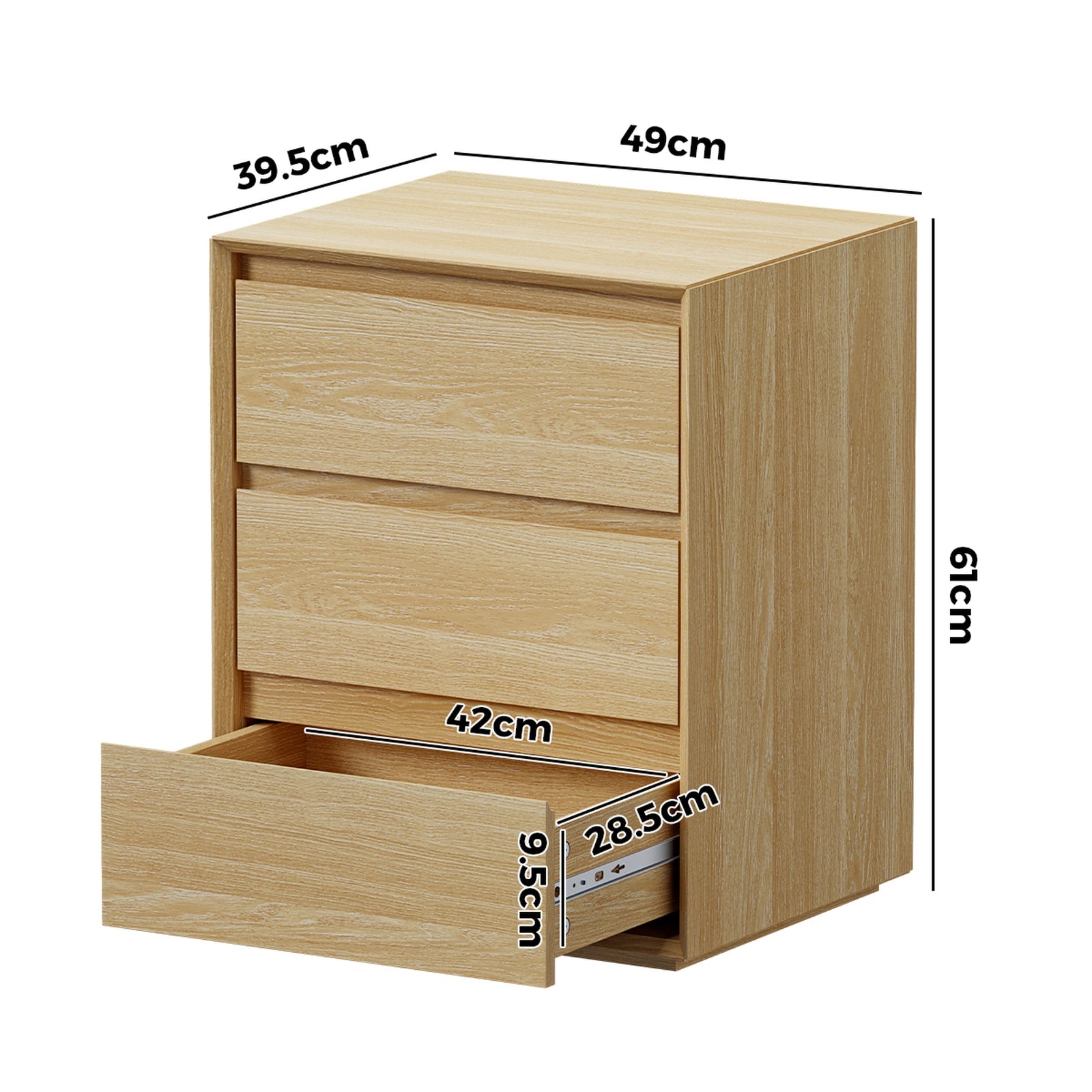 Oikiture 2pc Bedside Table 3 Drawers Nightstand Side Storage Handle-Free Natural