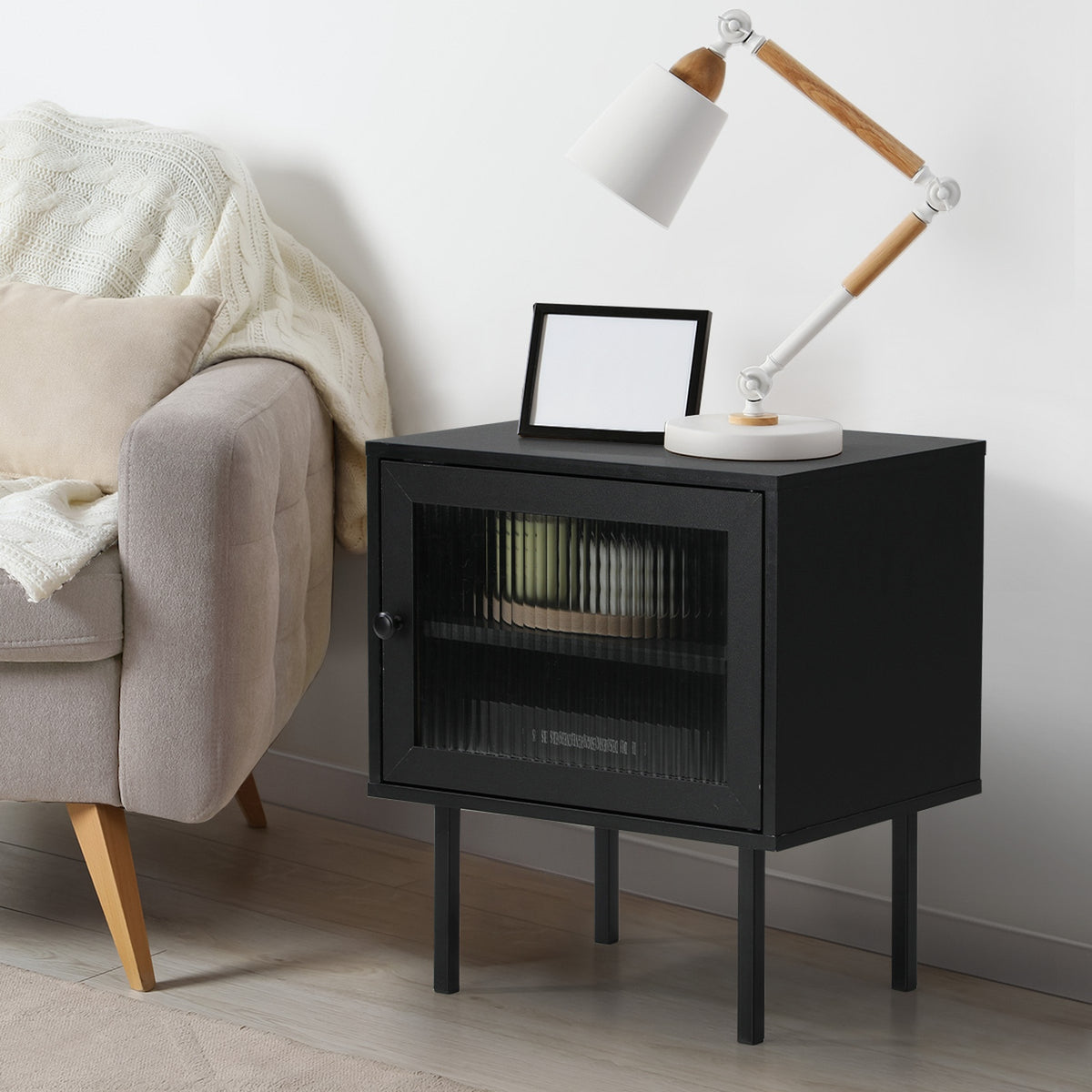 Oikiture 2X Bedside Tables Cabinet Storage Nightstand Glass Door Bedroom Black - Sunyee
