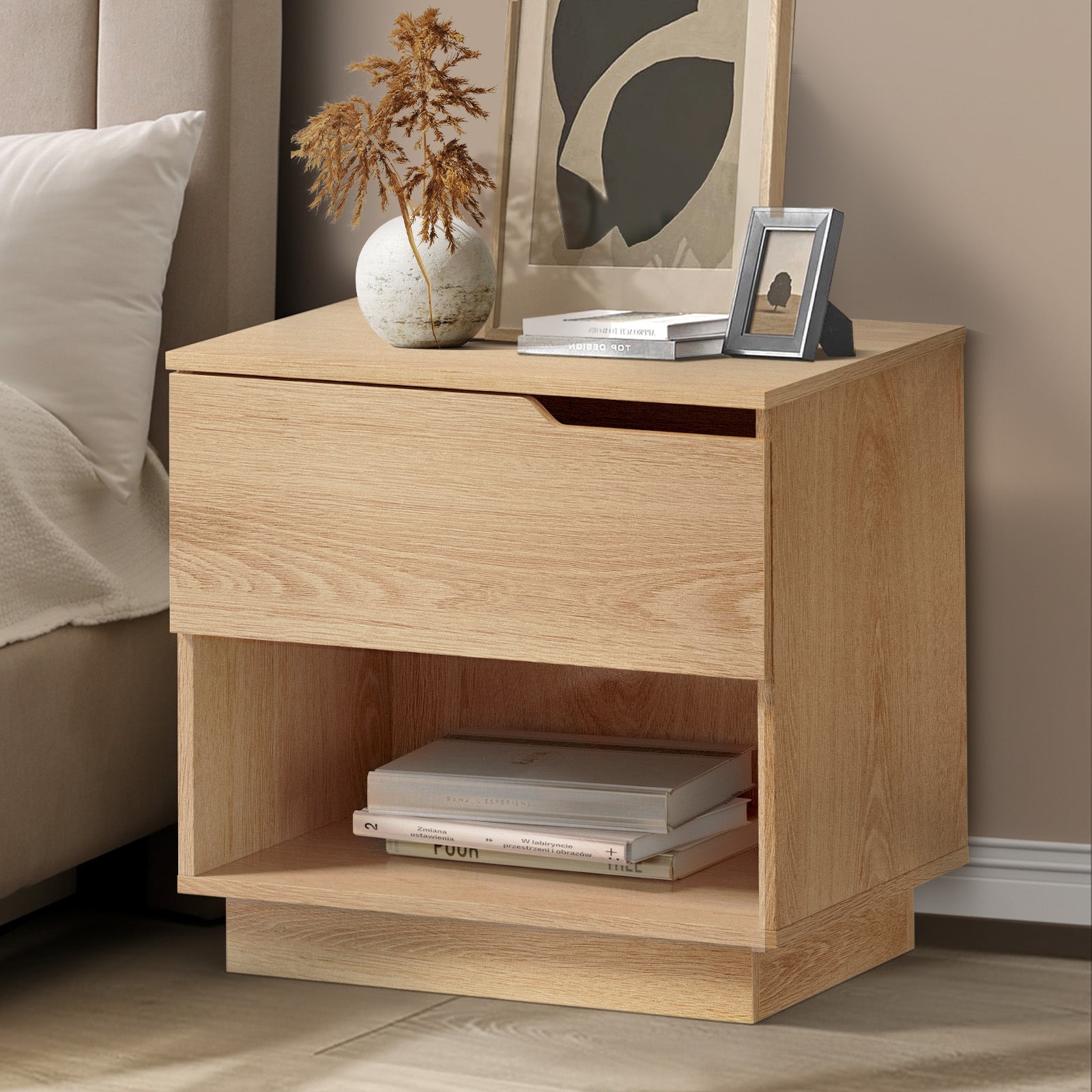 Oikiture Bedside Table 1 Drawer Storage Shelf Nightstand Side Cabinet Natural - Sunyee