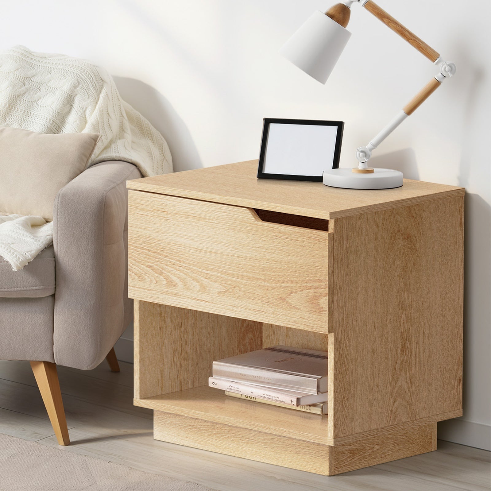 Oikiture Bedside Table 1 Drawer Storage Shelf Nightstand Side Cabinet Natural - Sunyee